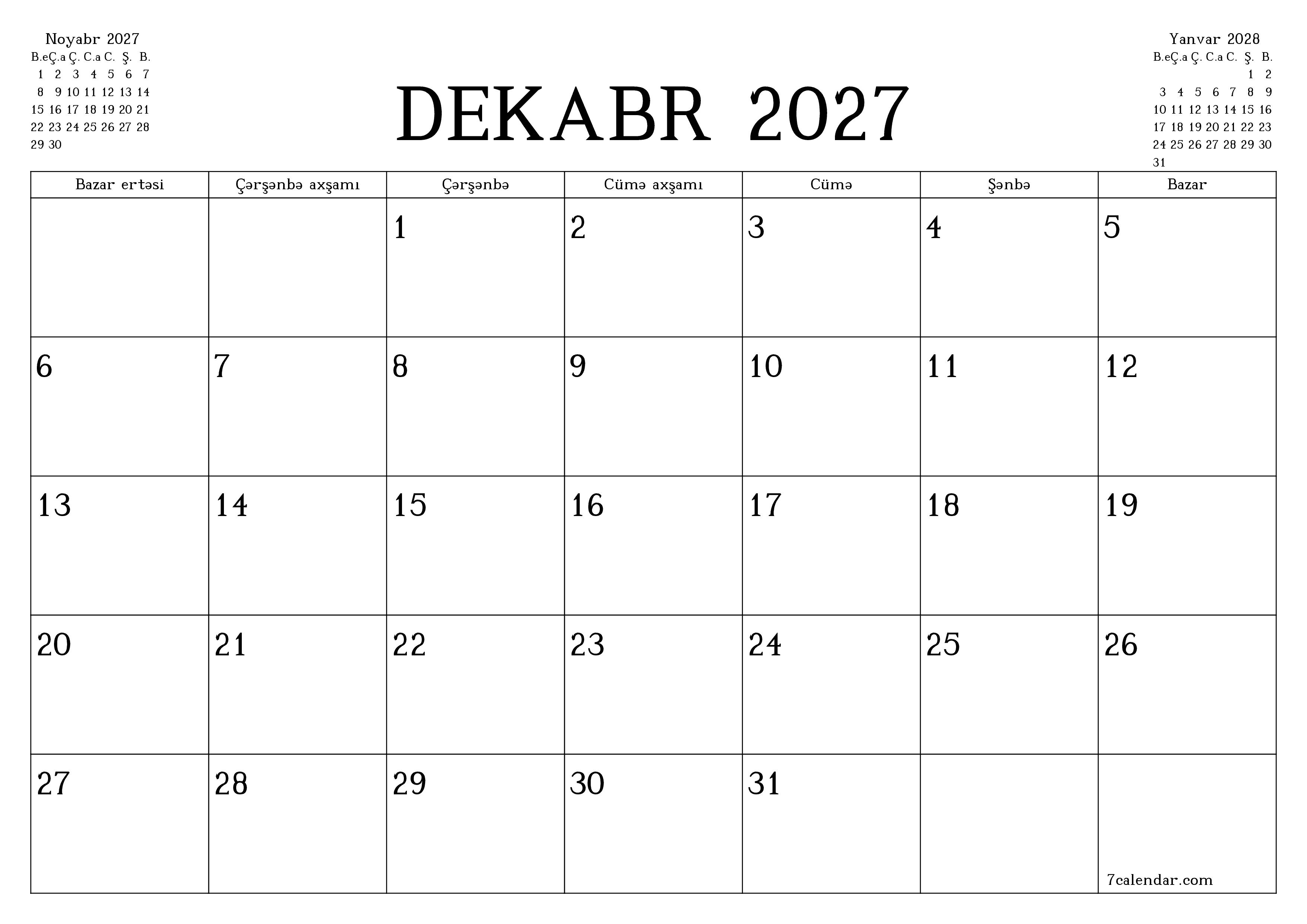 Dekabr 2027 ayı üçün qeydlər ilə boş aylıq planlayıcı, qeyd edin və PDF-ə yazdırın PNG Azerbaijani