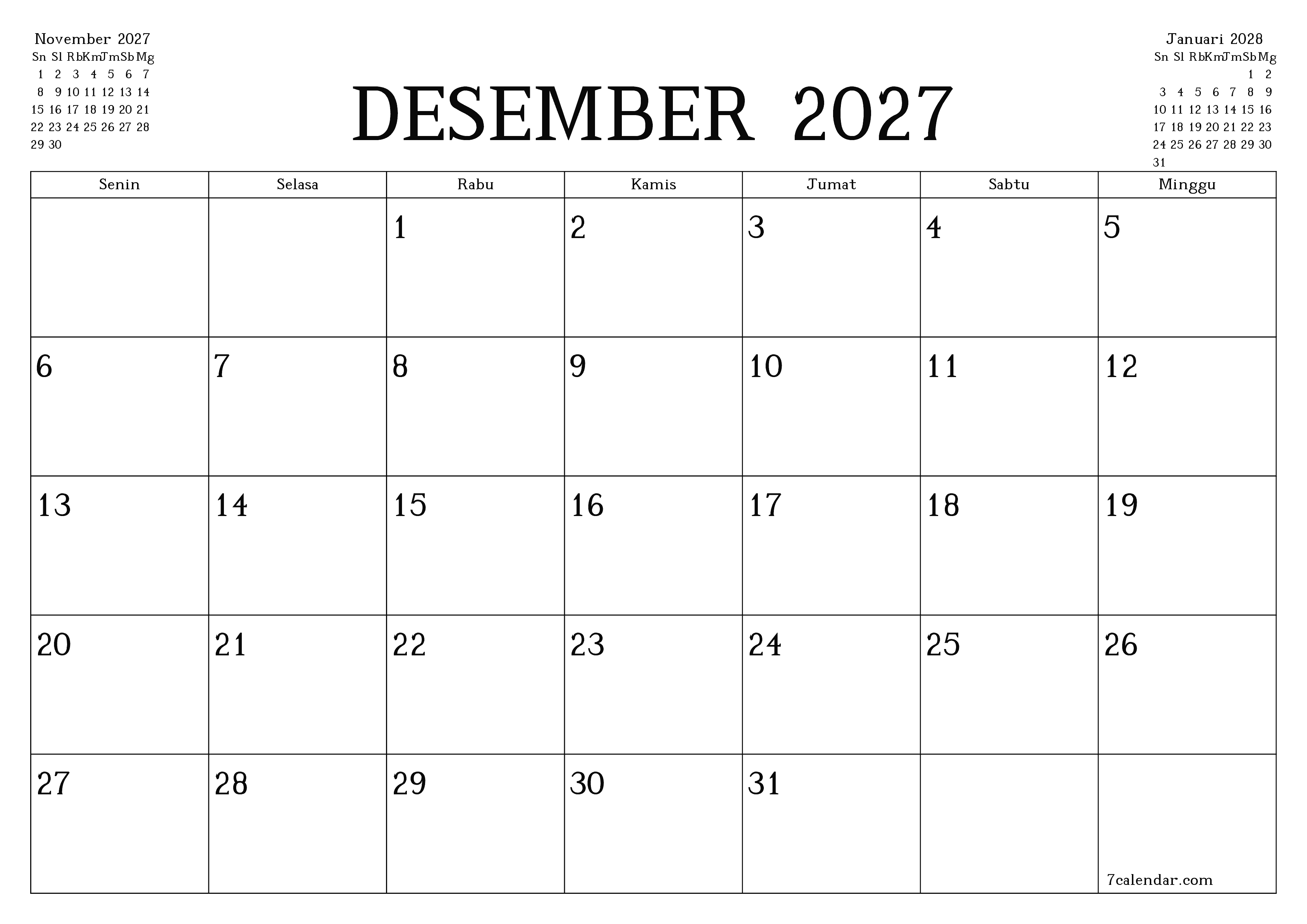 Kosongkan agenda bulanan untuk bulan Desember 2027 dengan catatan, simpan dan cetak ke PDF PNG Indonesian