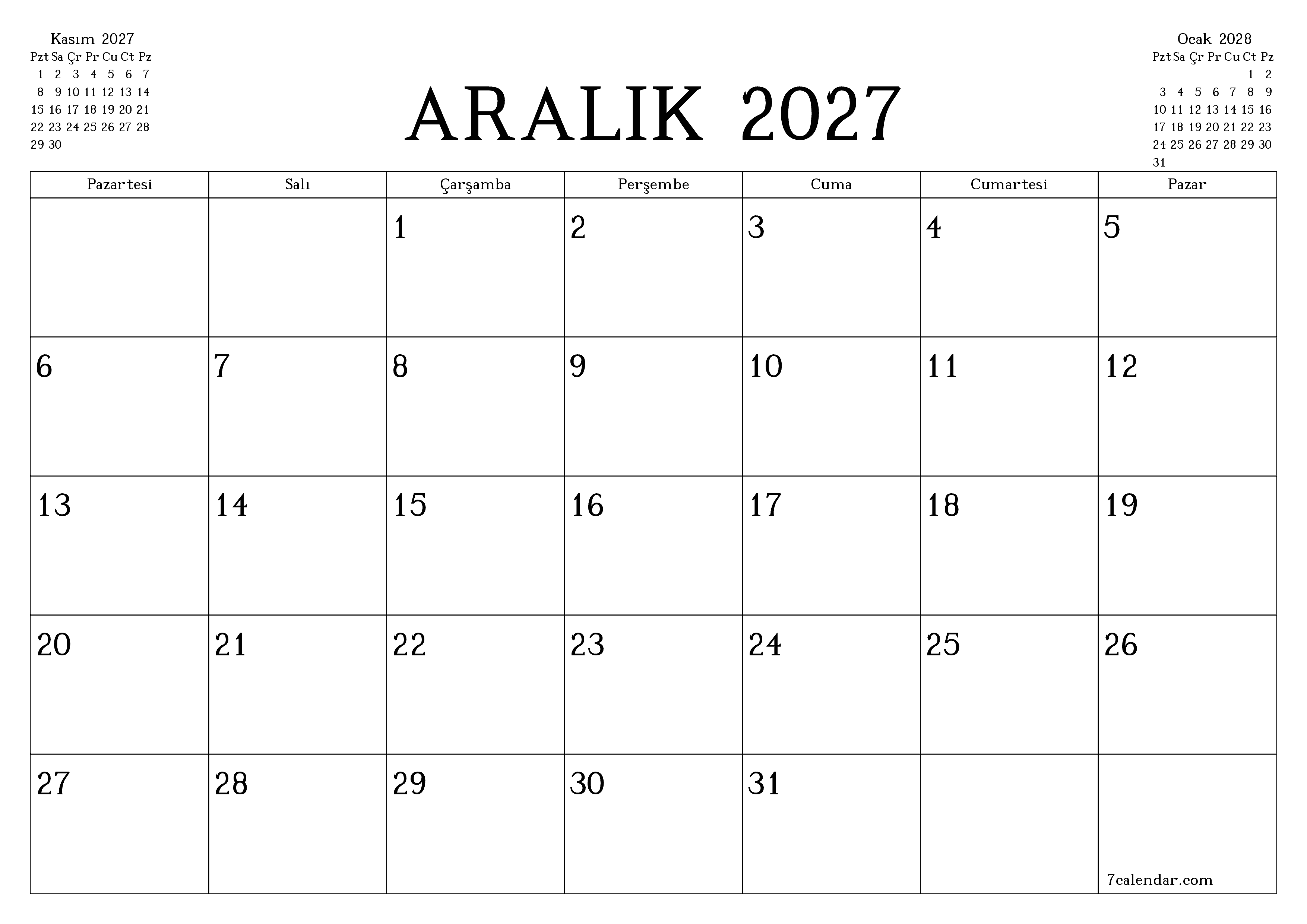 Aralık 2027 ayı için notlarla birlikte boş aylık planlayıcı, kaydedin ve PDF'ye yazdırın PNG Turkish