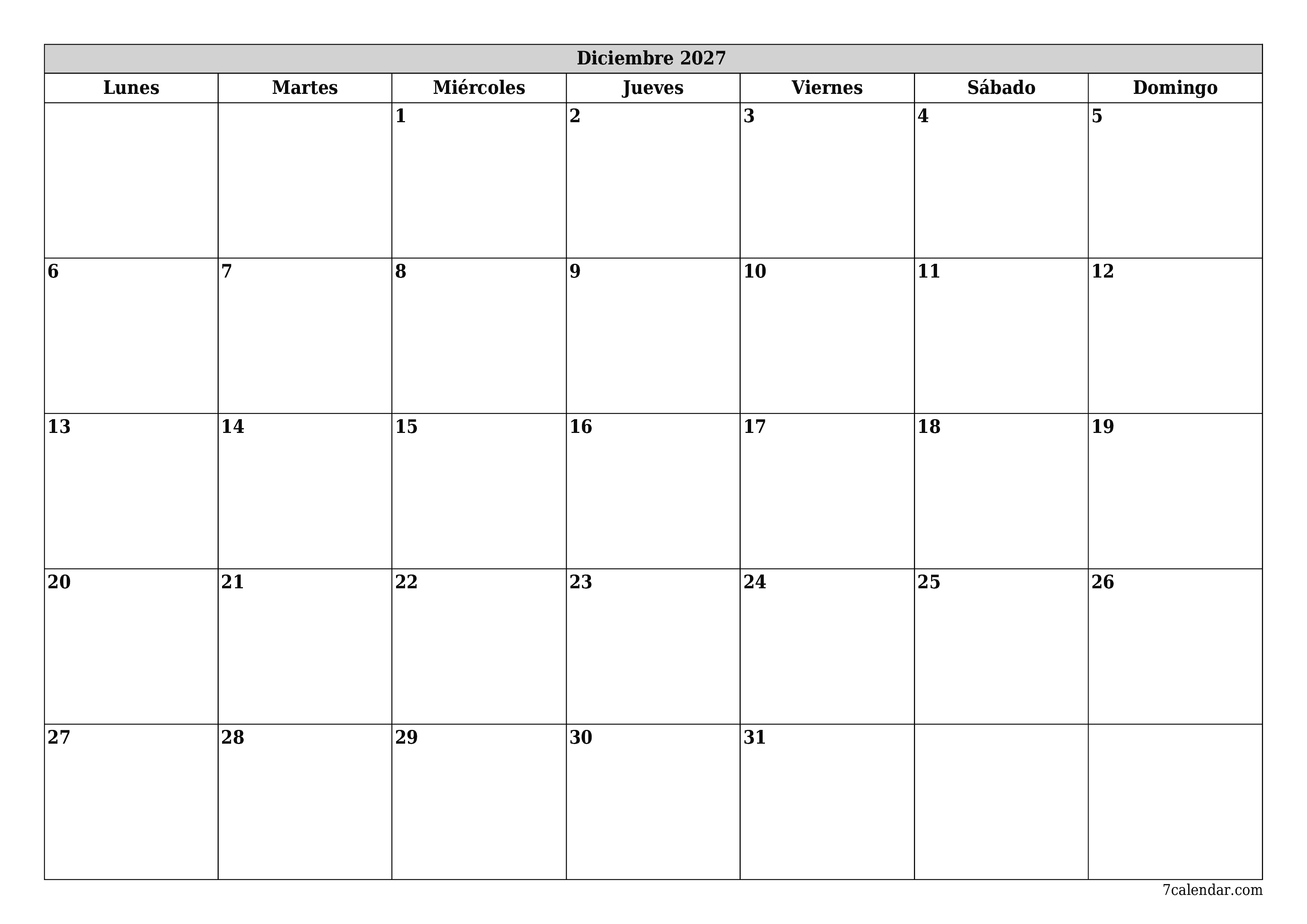 Planificador mensual vacío para el mes Diciembre 2027 con notas, guardar e imprimir en PDF PNG Spanish