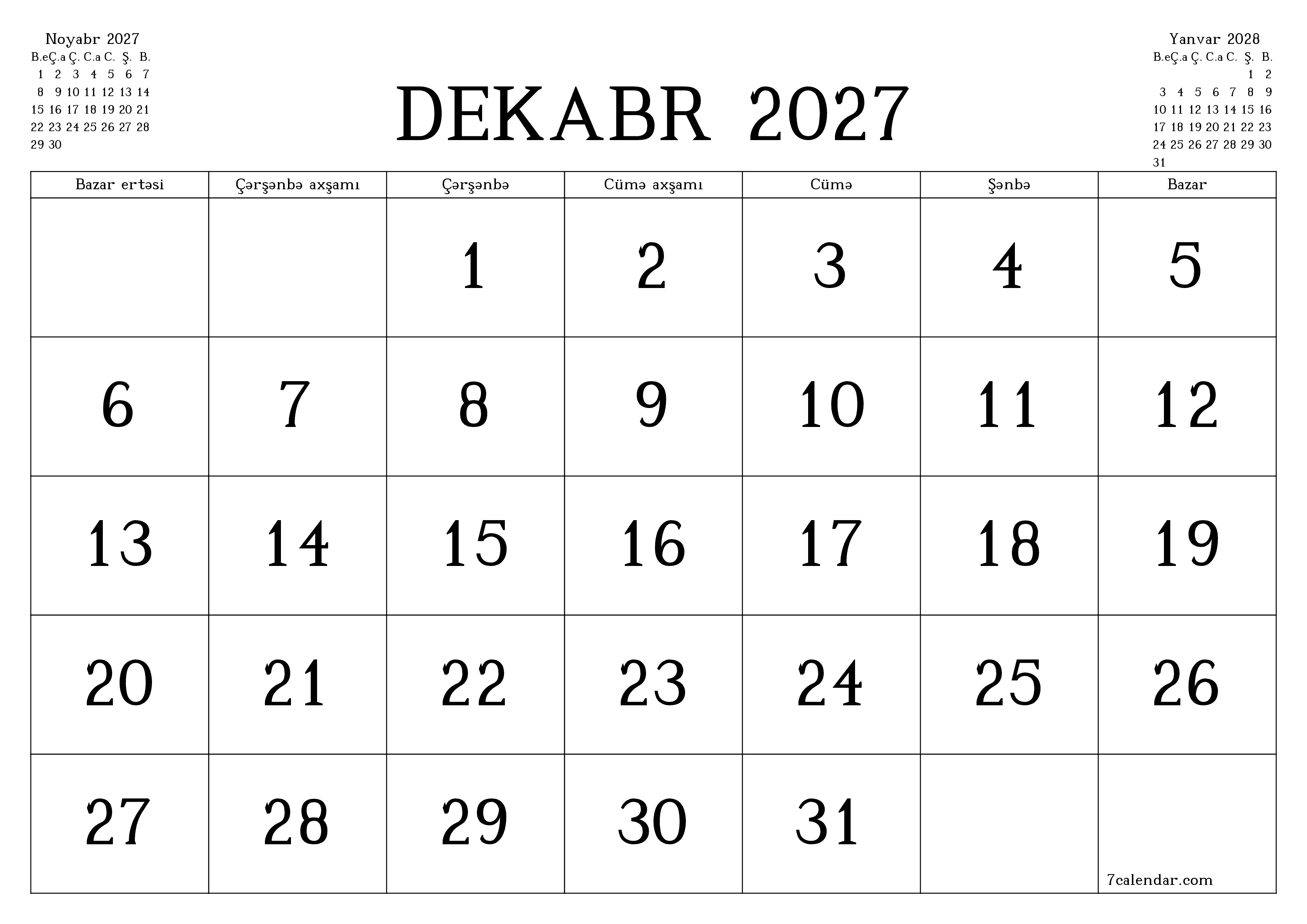 Dekabr 2027 ayı üçün qeydlər ilə boş aylıq planlayıcı, qeyd edin və PDF-ə yazdırın PNG Azerbaijani