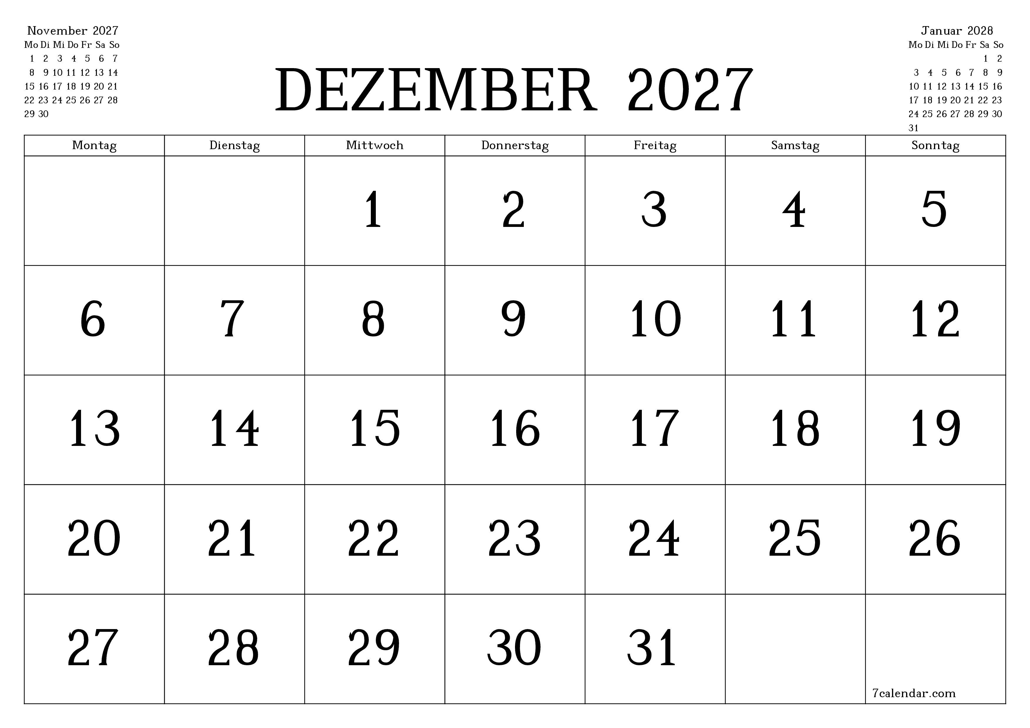 Monatsplaner für Monat Dezember 2027 mit Notizen leeren, speichern und als PDF PNG German - 7calendar.com drucken