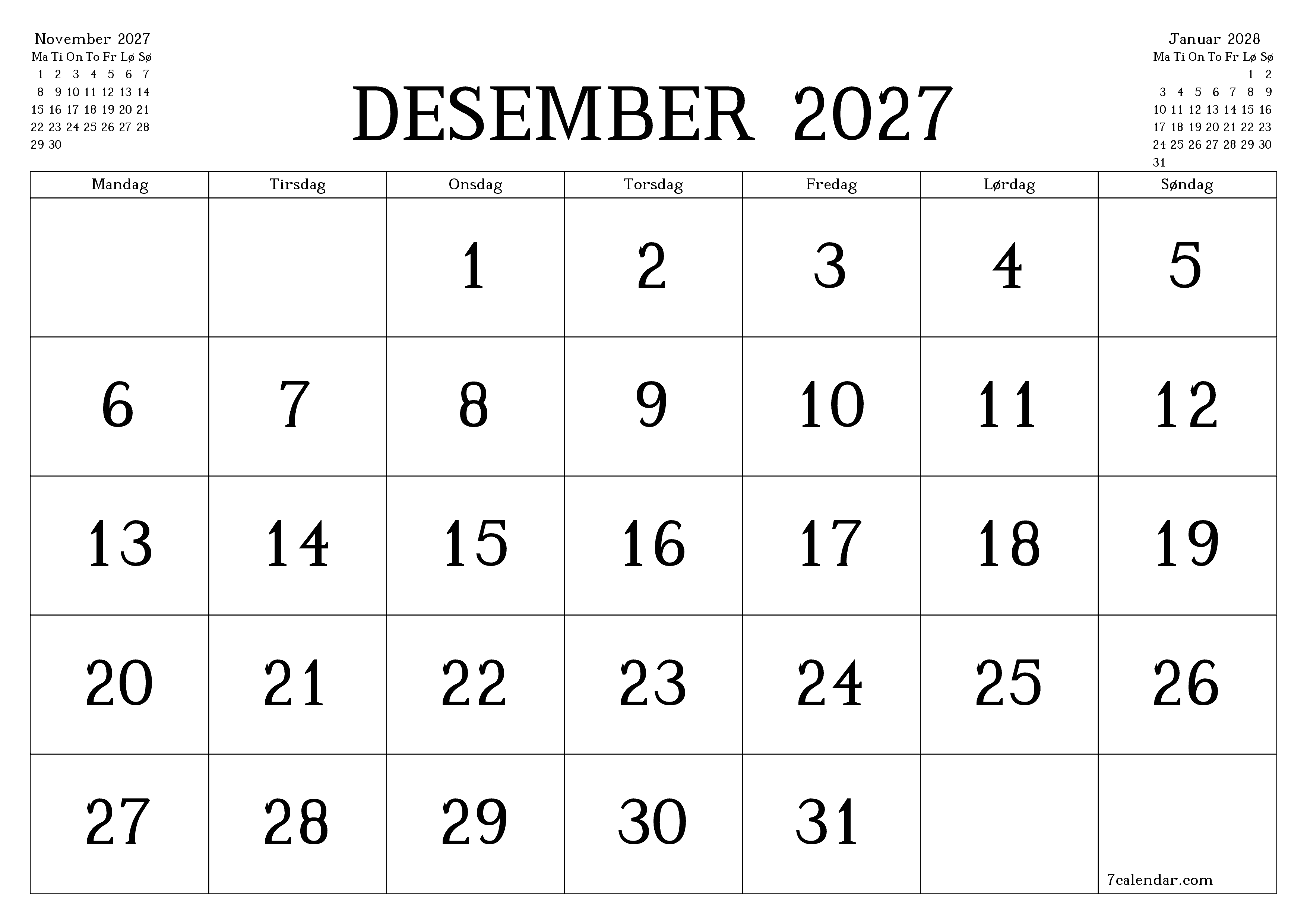 Tom månedlig planlegger for måned Desember 2027 med notater, lagre og skriv ut til PDF PNG Norwegian