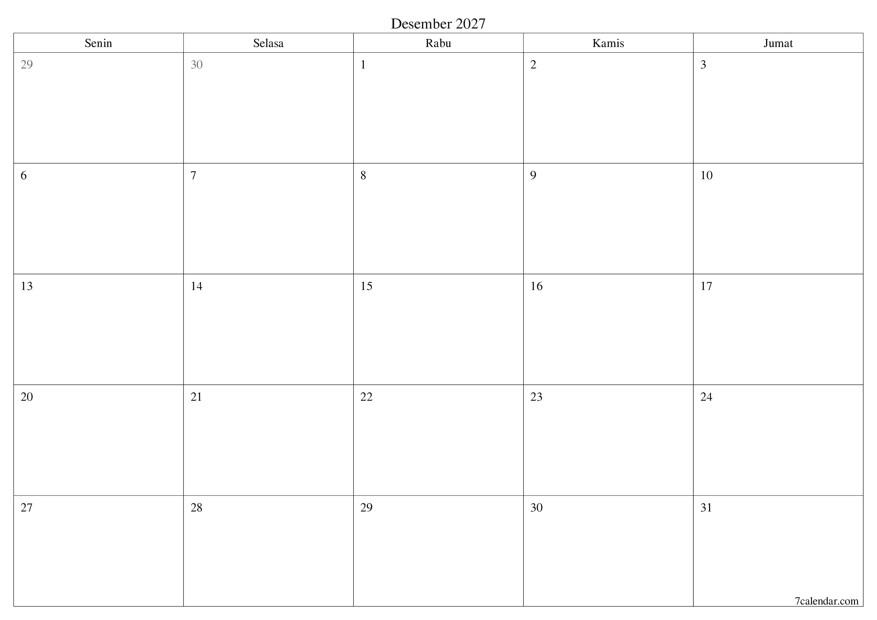 Kosongkan agenda bulanan untuk bulan Desember 2027 dengan catatan, simpan dan cetak ke PDF PNG Indonesian