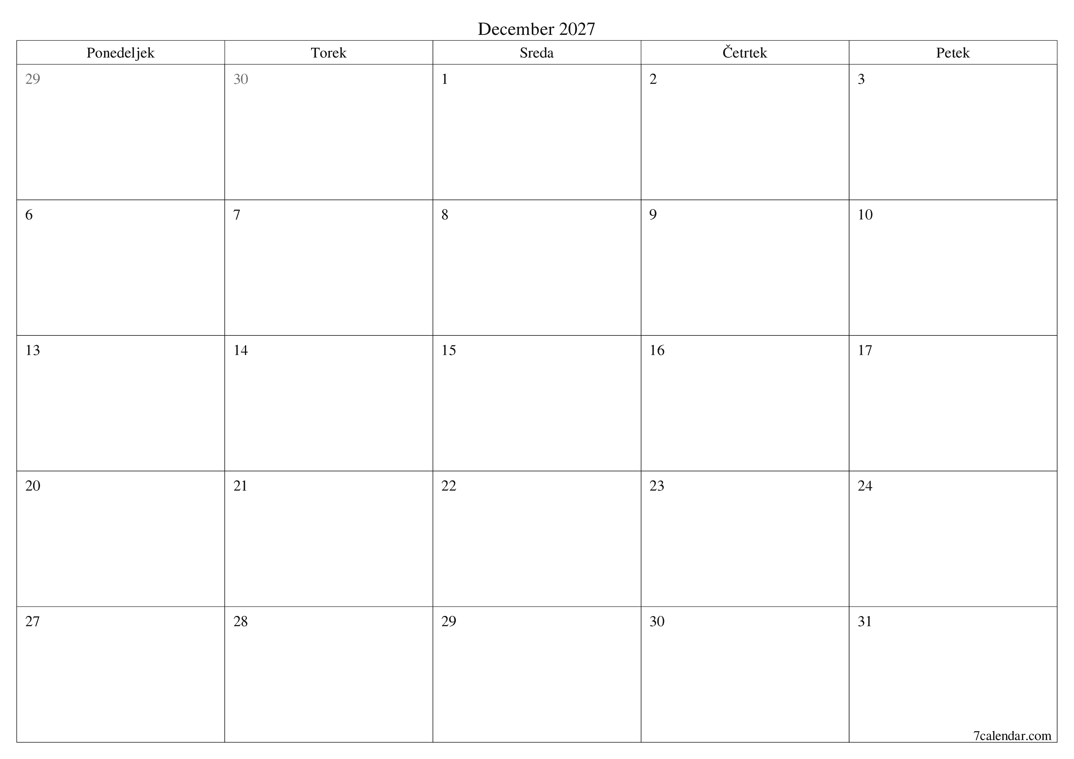 Prazen mesečni načrtovalec koledarja za mesec December 2027 z opombami, natisnjenimi v PDF PNG Slovenian