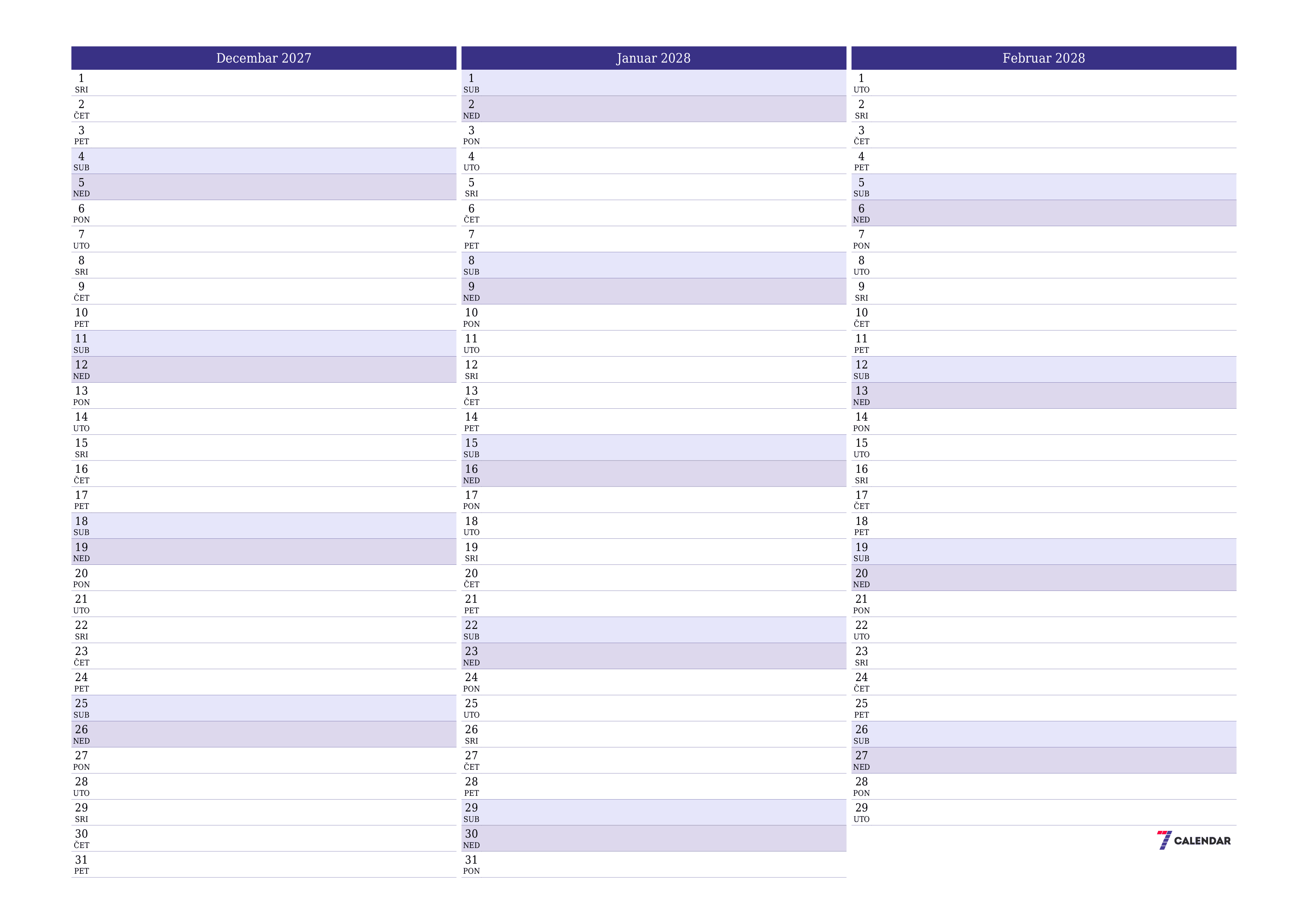 Ispraznite mjesečni planer za mjesec Decembar 2027 s bilješkama, spremite i ispišite u PDF PNG Bosnian