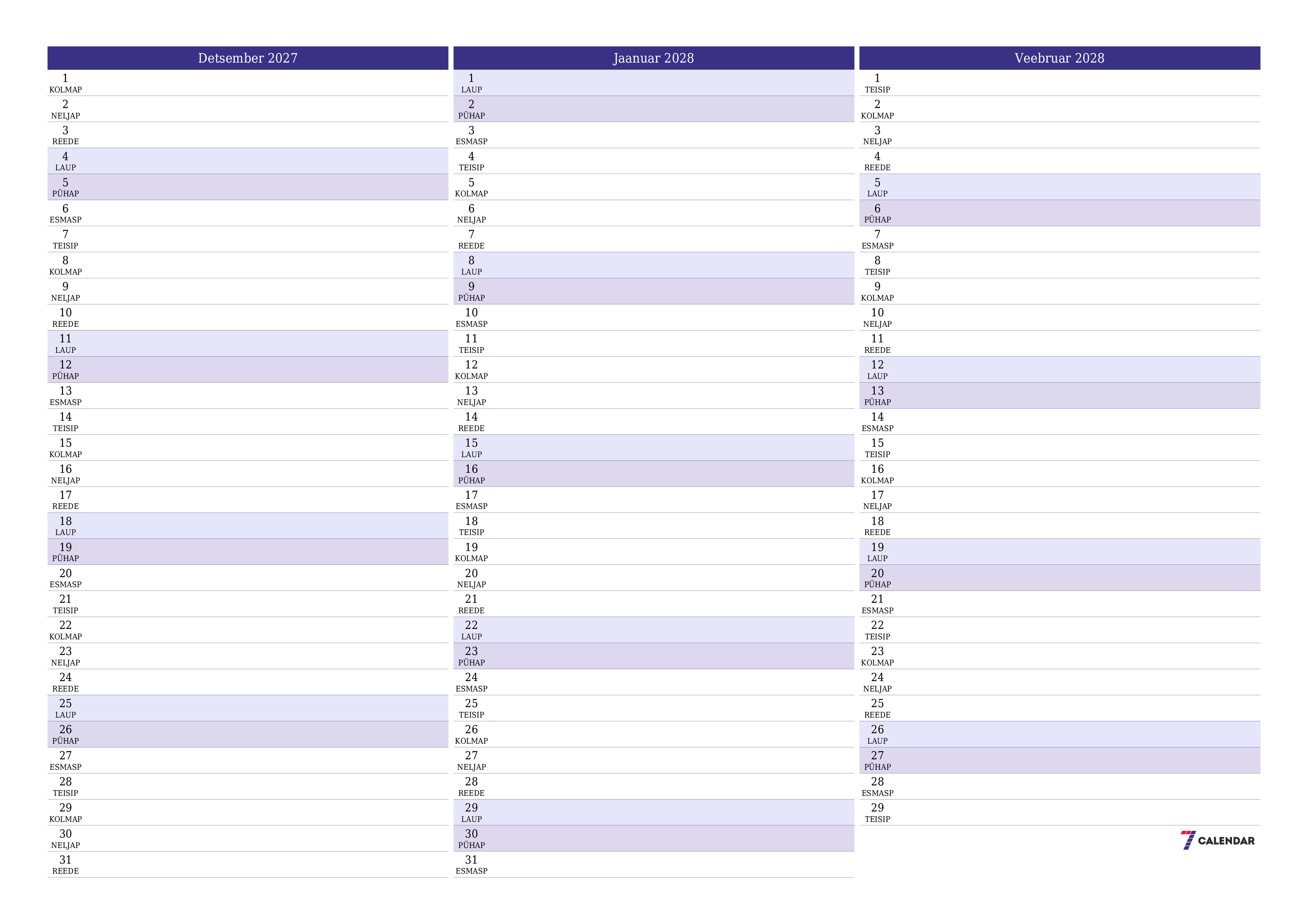 Tühjendage kuu Detsember 2027 kuuplaneerija märkmetega, salvestage ja printige PDF-i PNG Estonian