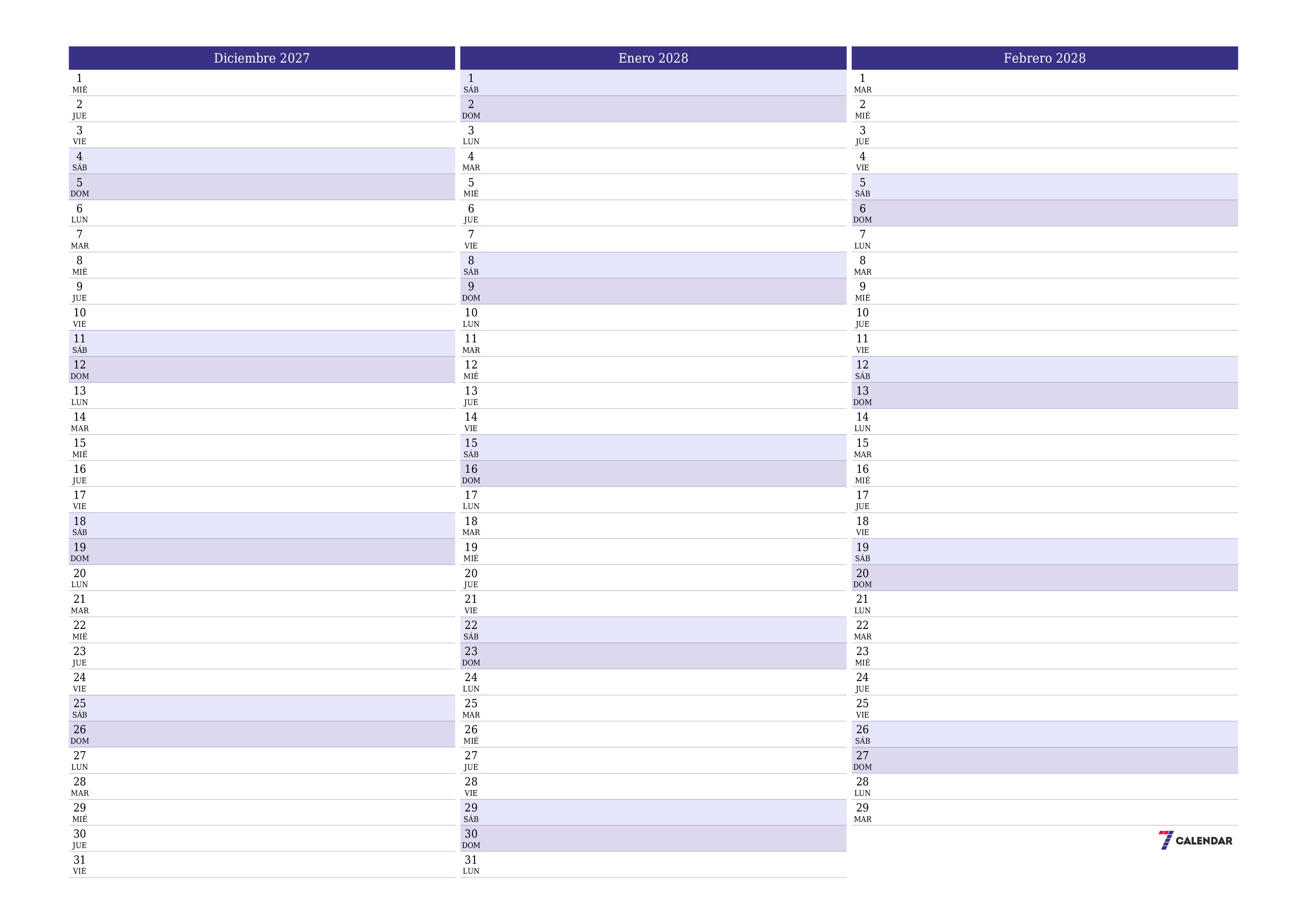 Planificador mensual vacío para el mes Diciembre 2027 con notas, guardar e imprimir en PDF PNG Spanish