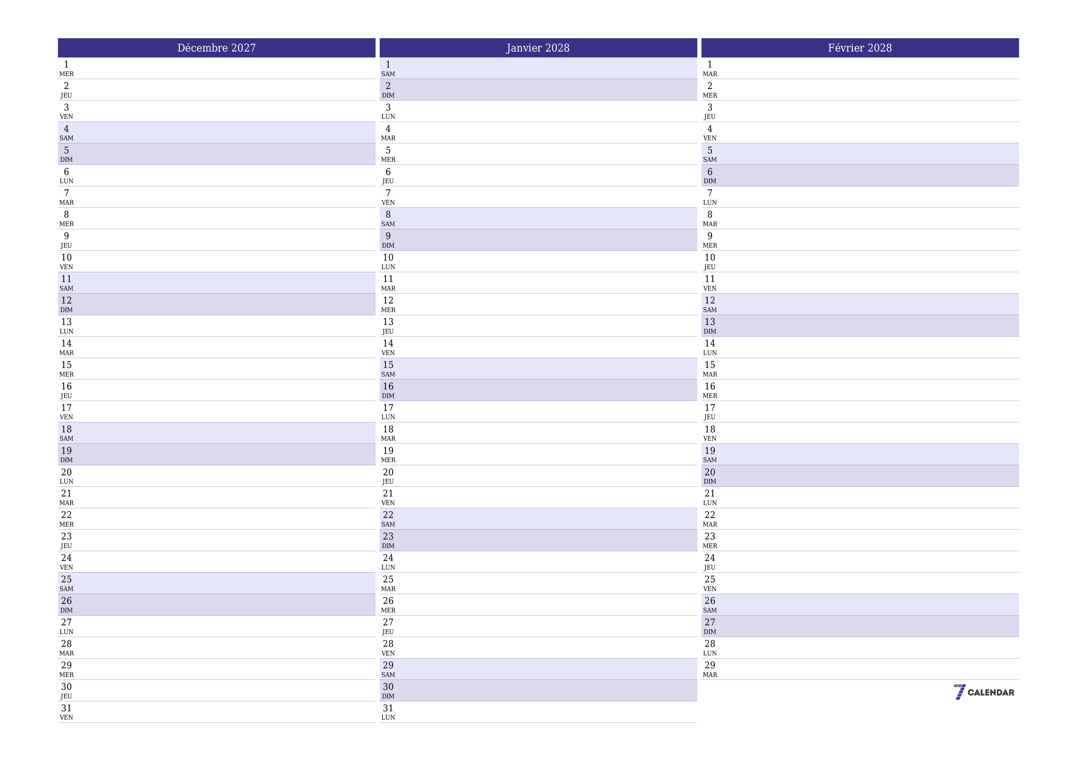 Agenda mensuel vide pour le mois Décembre 2027 avec notes, enregistrez et imprimez au format PDF PNG French