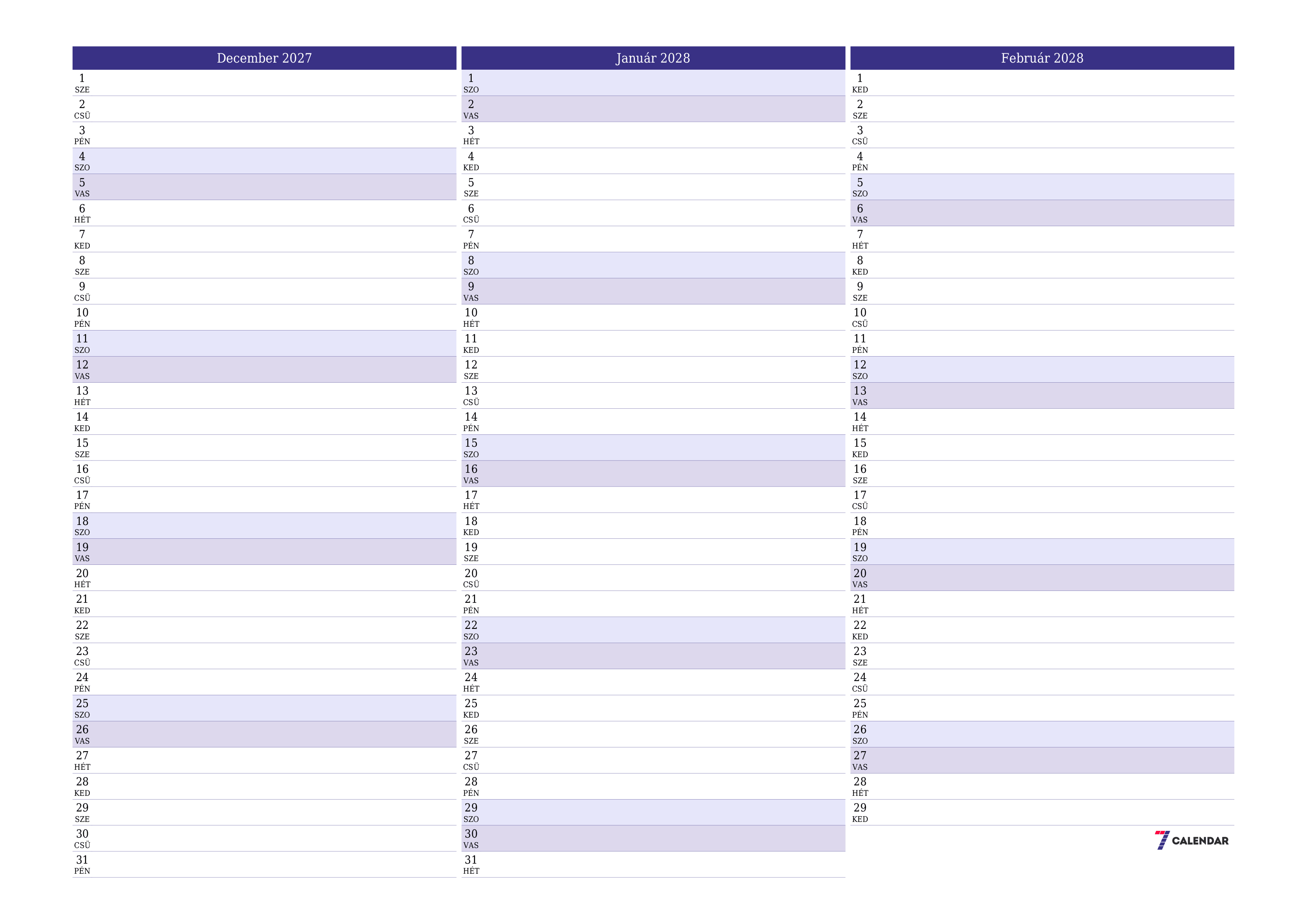 Üres havi tervező a December 2027 hónapra jegyzetekkel, mentés és nyomtatás PDF-be PNG Hungarian