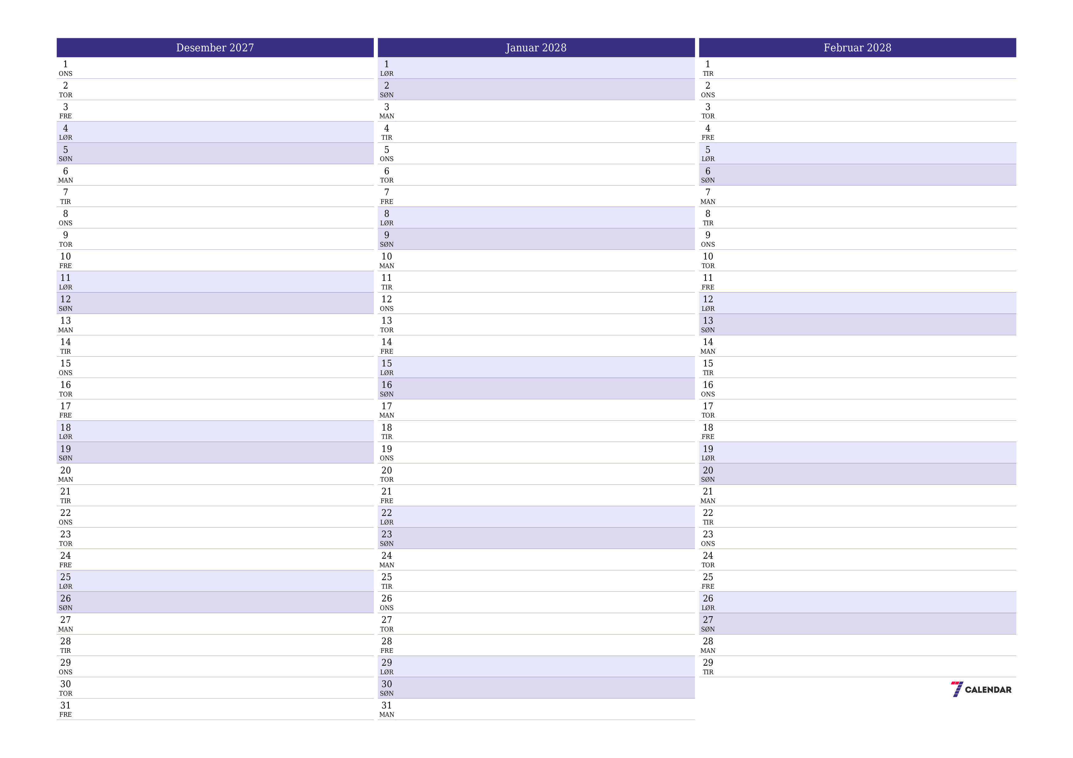 Tom månedlig planlegger for måned Desember 2027 med notater, lagre og skriv ut til PDF PNG Norwegian