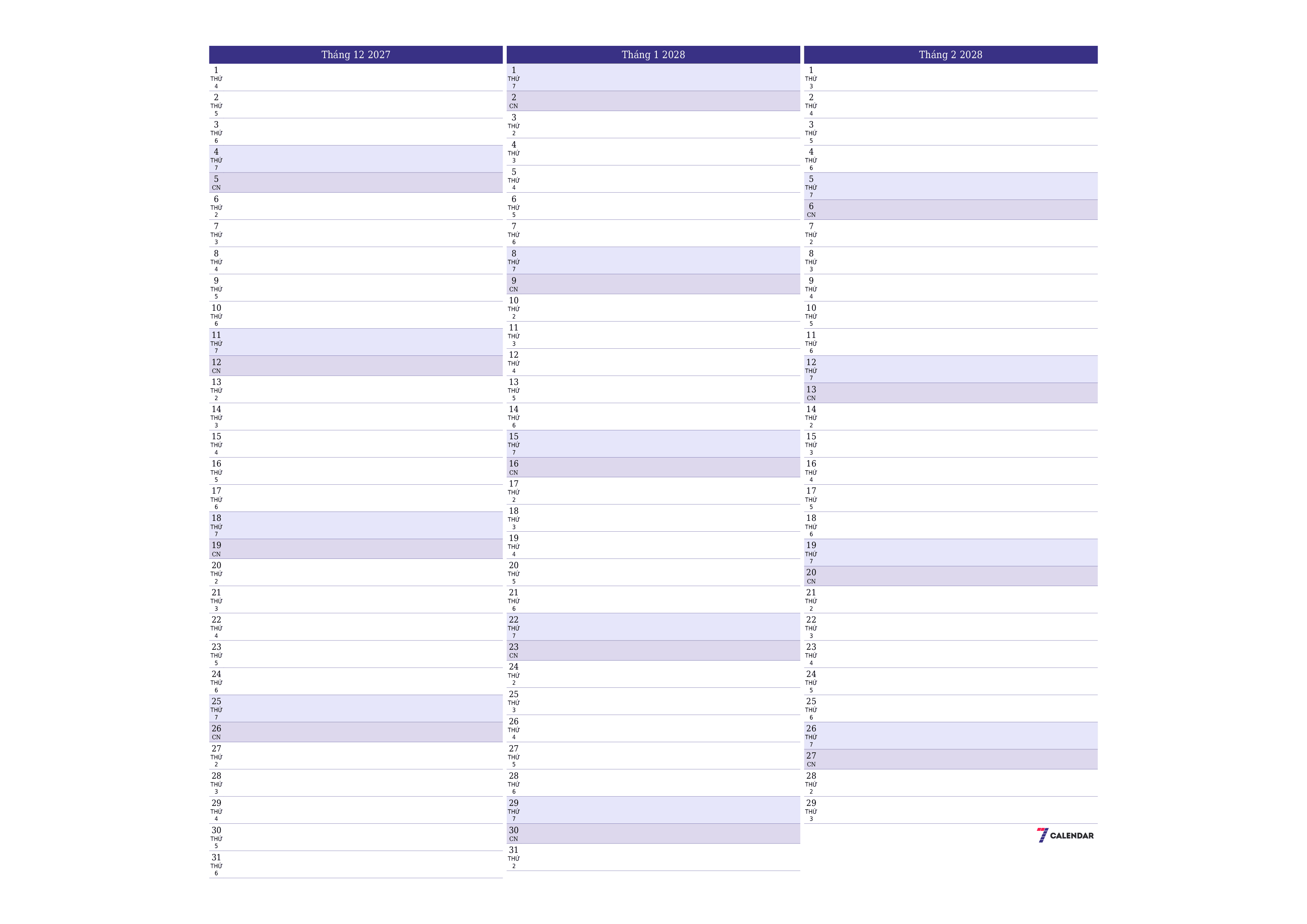 Công cụ lập kế hoạch hàng tháng trống cho tháng Tháng 12 2027 có ghi chú, lưu và in sang PDF PNG Vietnamese