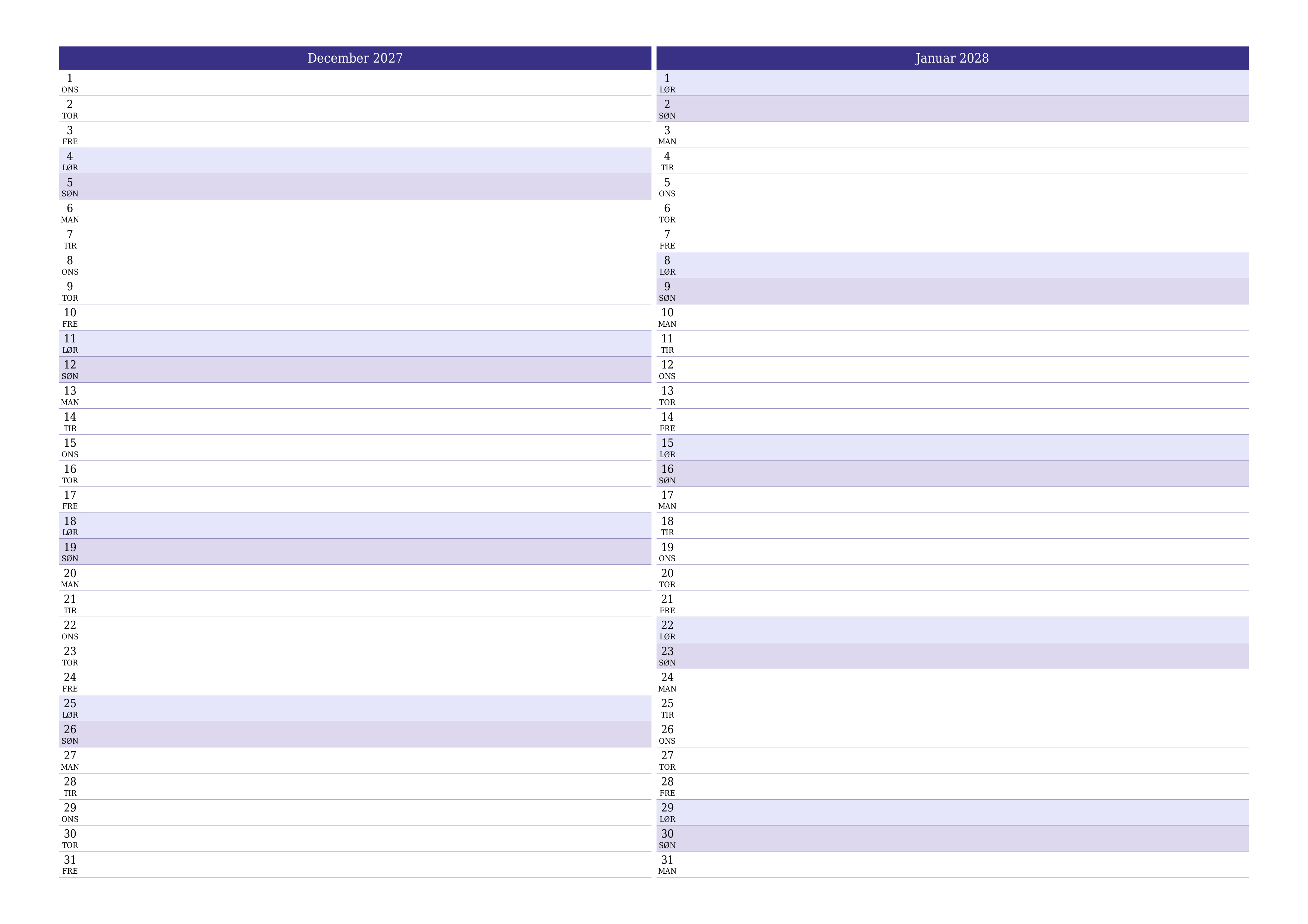 Tom månedlig planlægning for måned December 2027 med noter, gem og udskriv til PDF PNG Danish