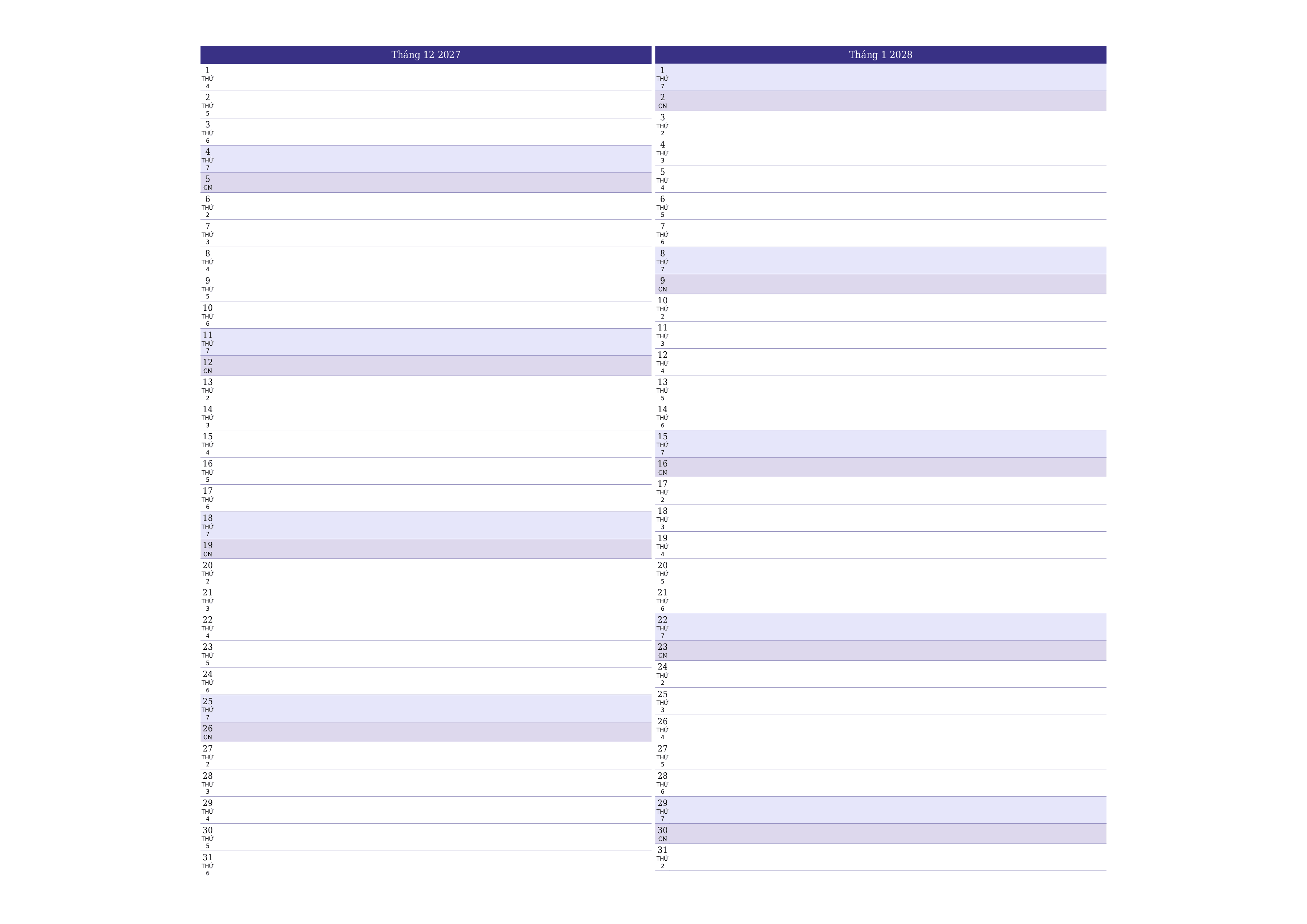 Công cụ lập kế hoạch hàng tháng trống cho tháng Tháng 12 2027 có ghi chú, lưu và in sang PDF PNG Vietnamese