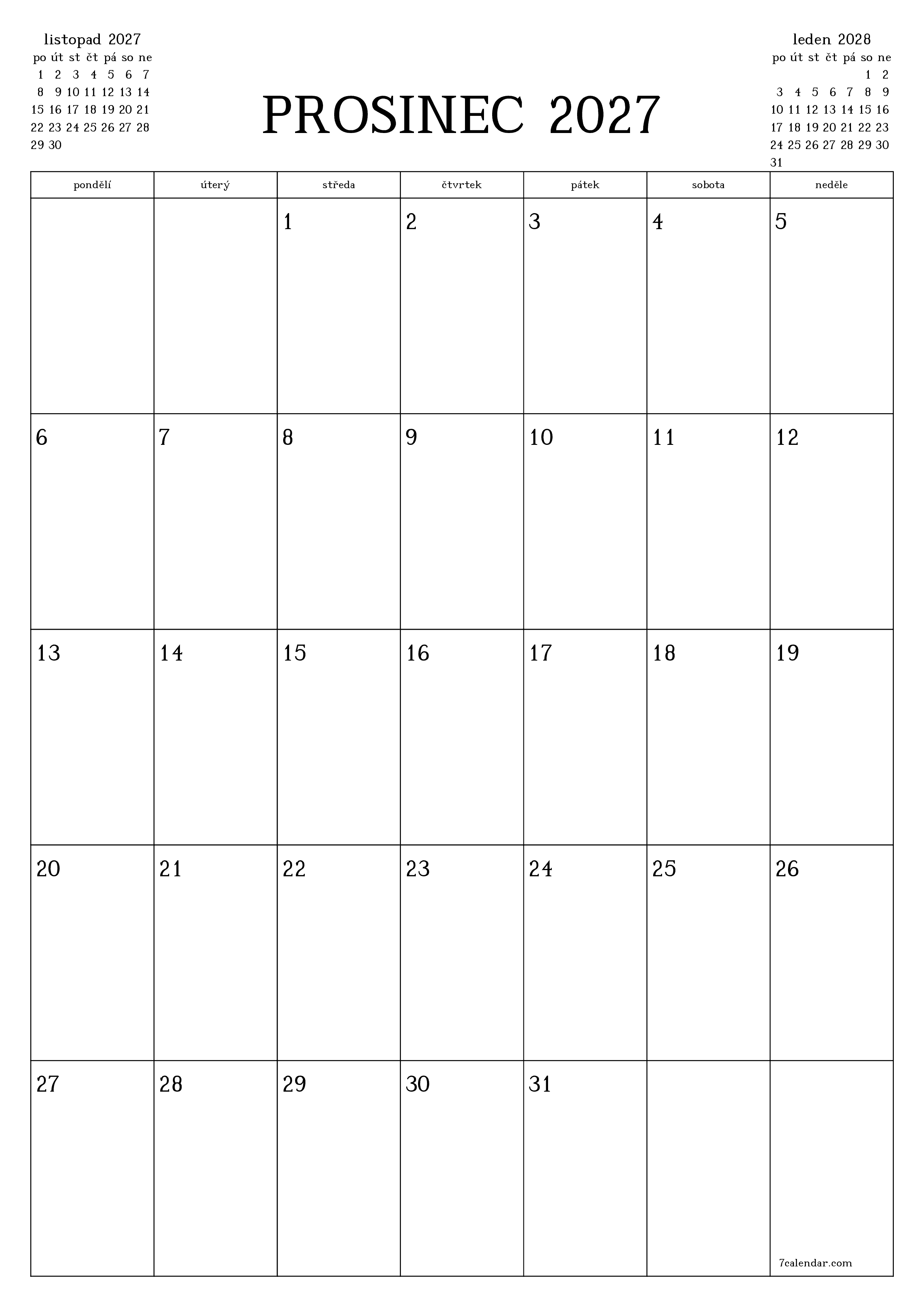 Vyprázdnit měsíční plánovač na měsíc prosinec 2027 s poznámkami, uložit a vytisknout do PDF PNG Czech