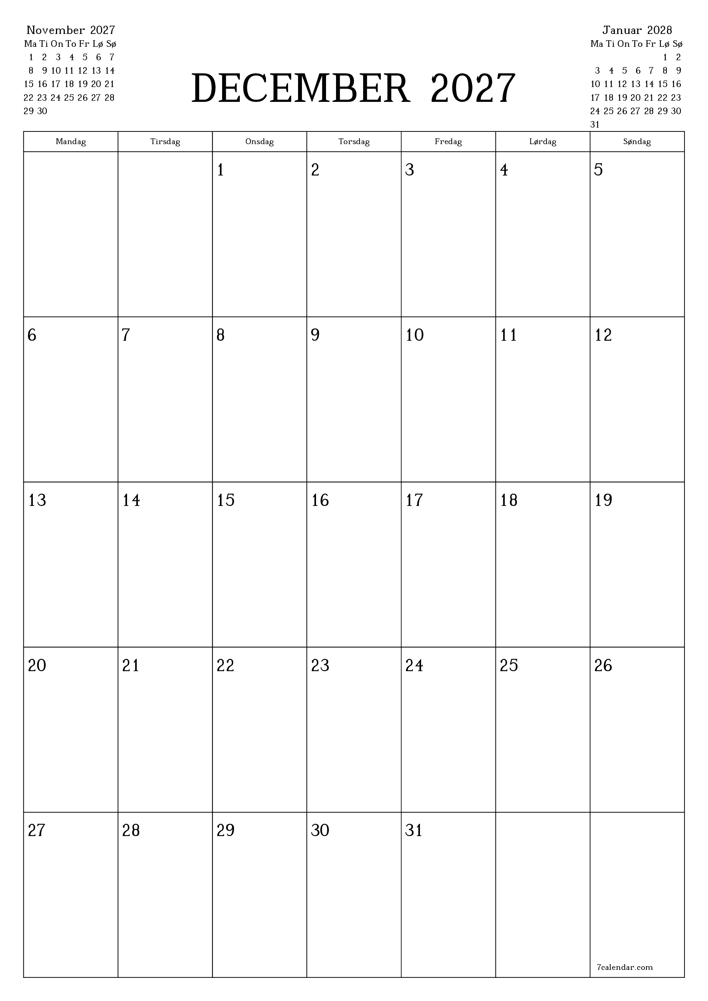 Tom månedlig planlægning for måned December 2027 med noter, gem og udskriv til PDF PNG Danish