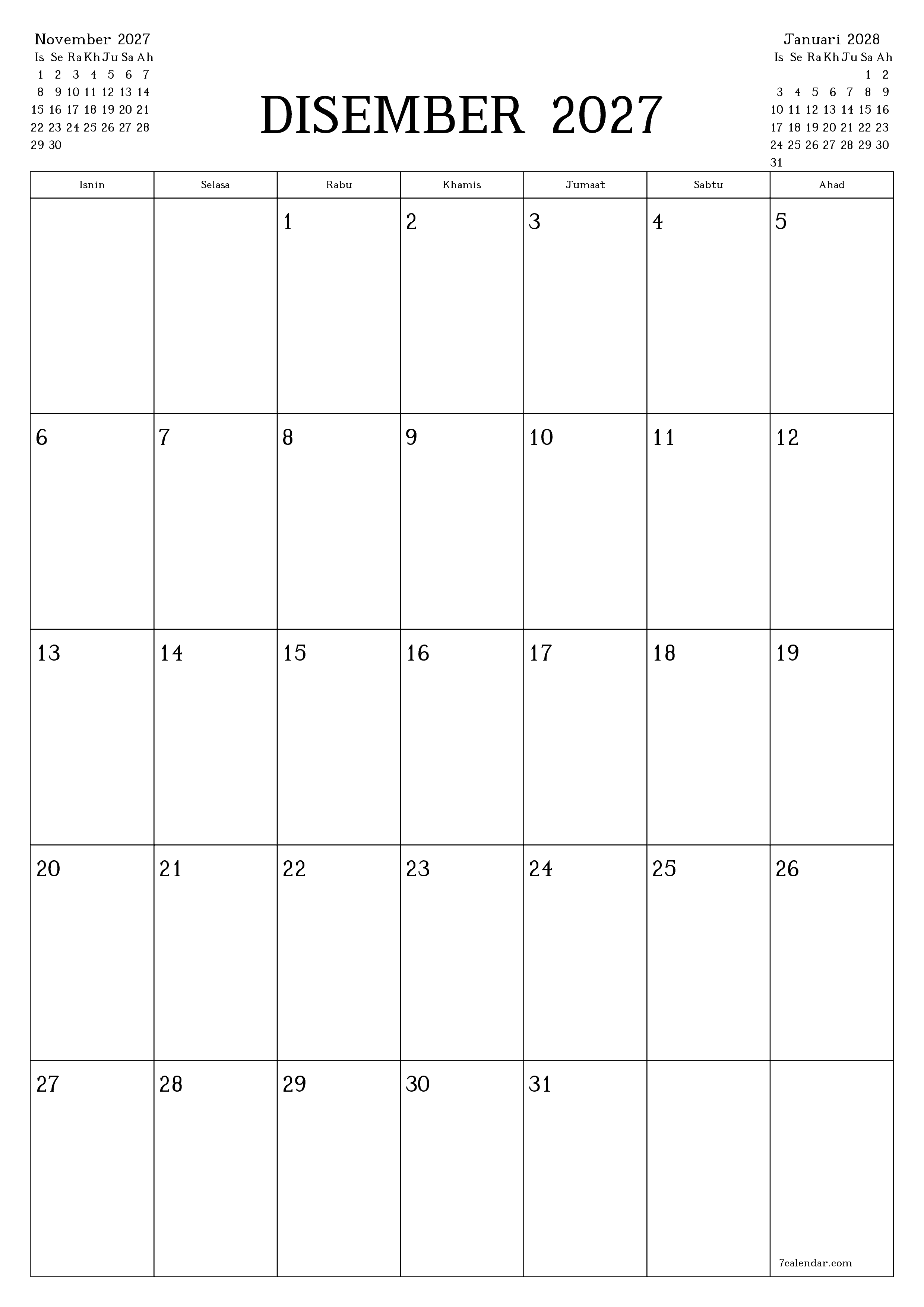 Perancang bulanan kosong untuk bulan Disember 2027 dengan nota, simpan dan cetak ke PDF PNG Malay