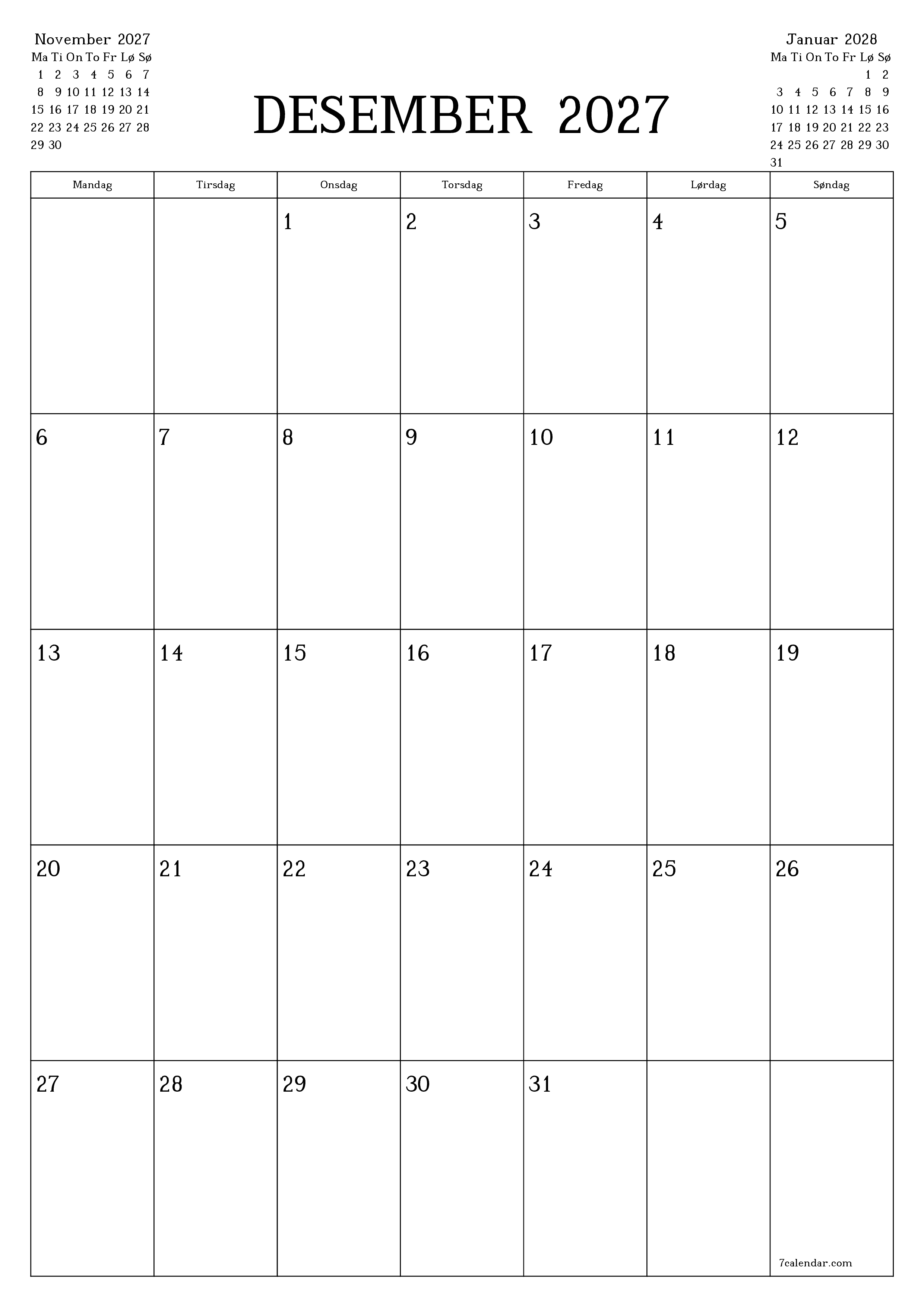Tom månedlig planlegger for måned Desember 2027 med notater, lagre og skriv ut til PDF PNG Norwegian