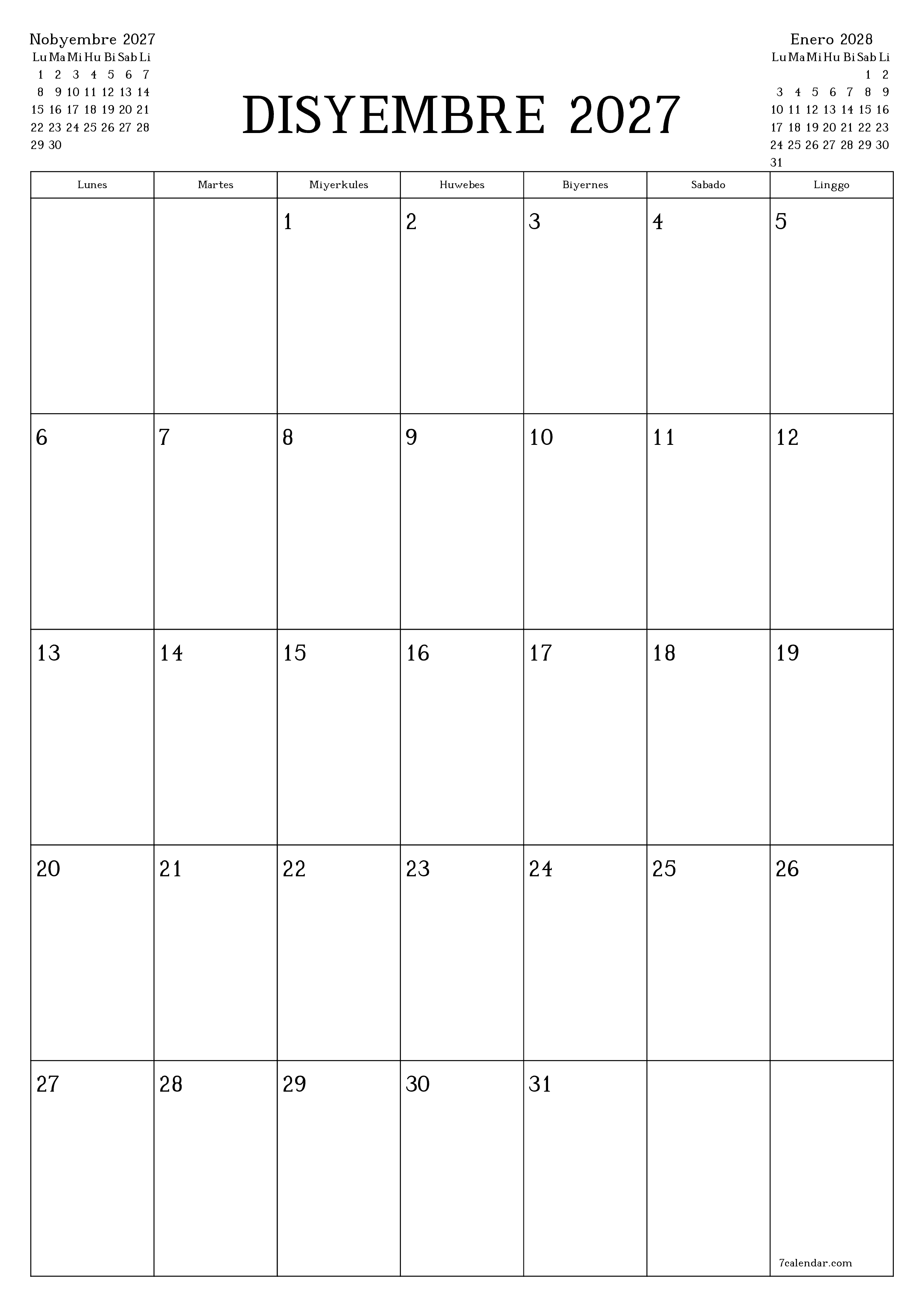 Walang laman na buwanang tagaplano para sa buwan na Disyembre 2027 na may mga tala, i-save at i-print sa PDF PNG Filipino