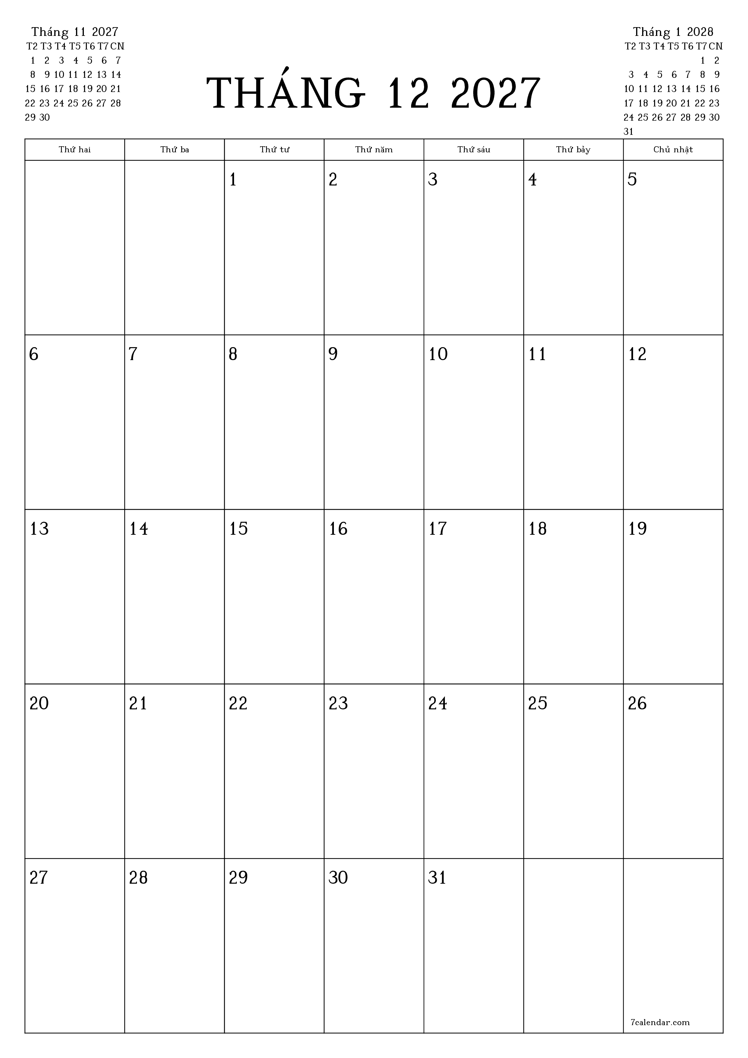 Công cụ lập kế hoạch hàng tháng trống cho tháng Tháng 12 2027 có ghi chú, lưu và in sang PDF PNG Vietnamese