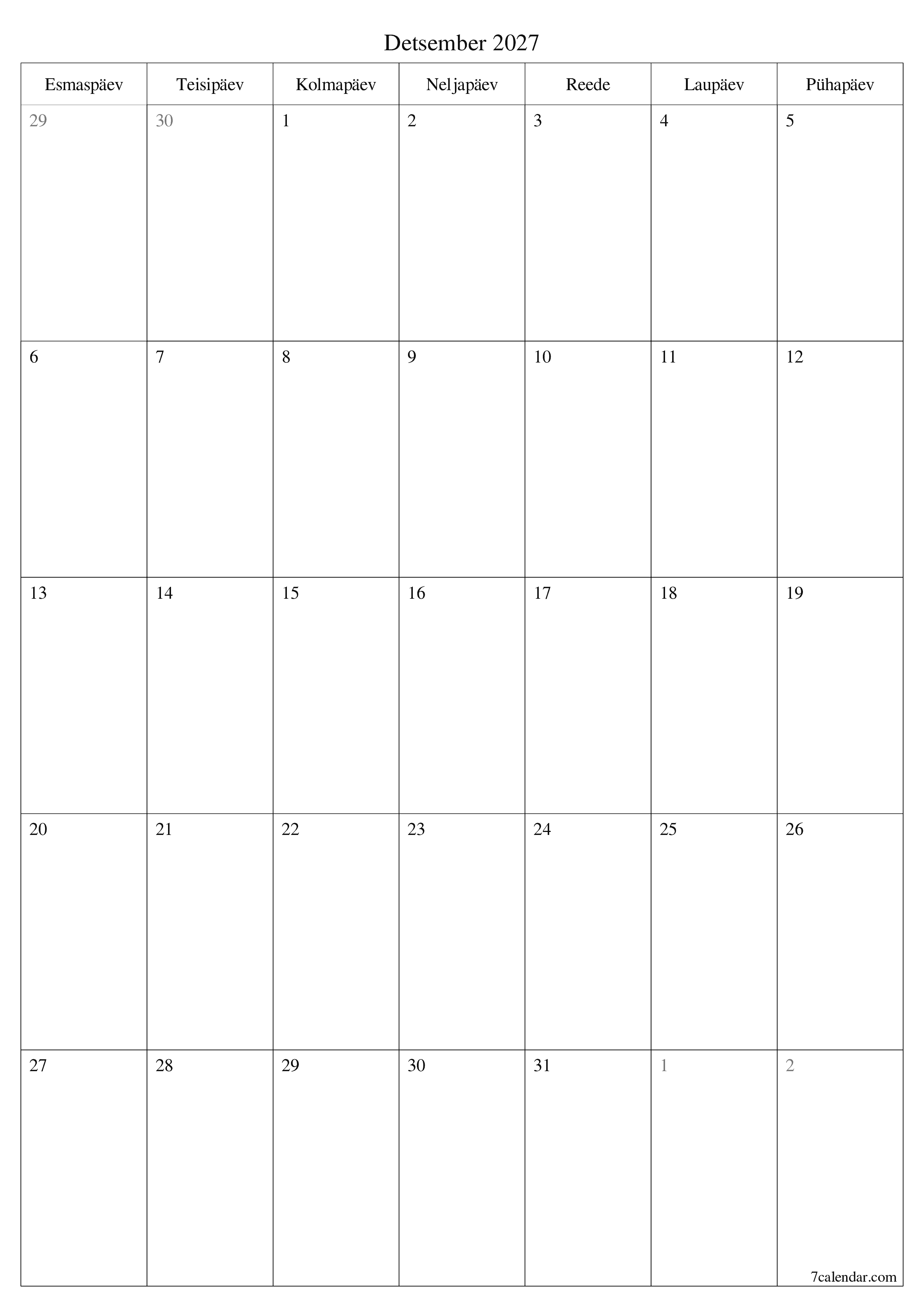 Tühjendage kuu Detsember 2027 kuuplaneerija märkmetega, salvestage ja printige PDF-i PNG Estonian