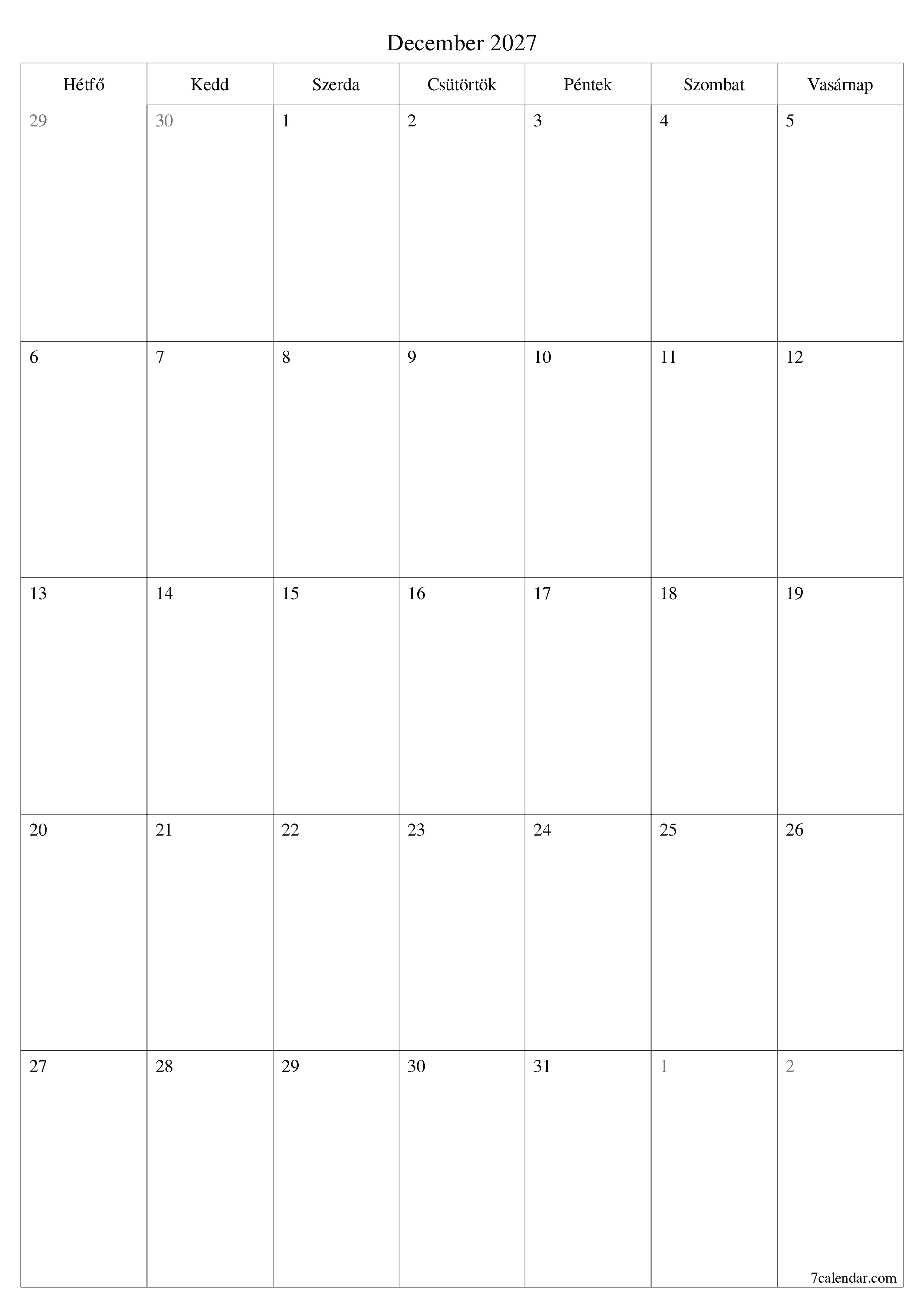 Üres havi tervező a December 2027 hónapra jegyzetekkel, mentés és nyomtatás PDF-be PNG Hungarian