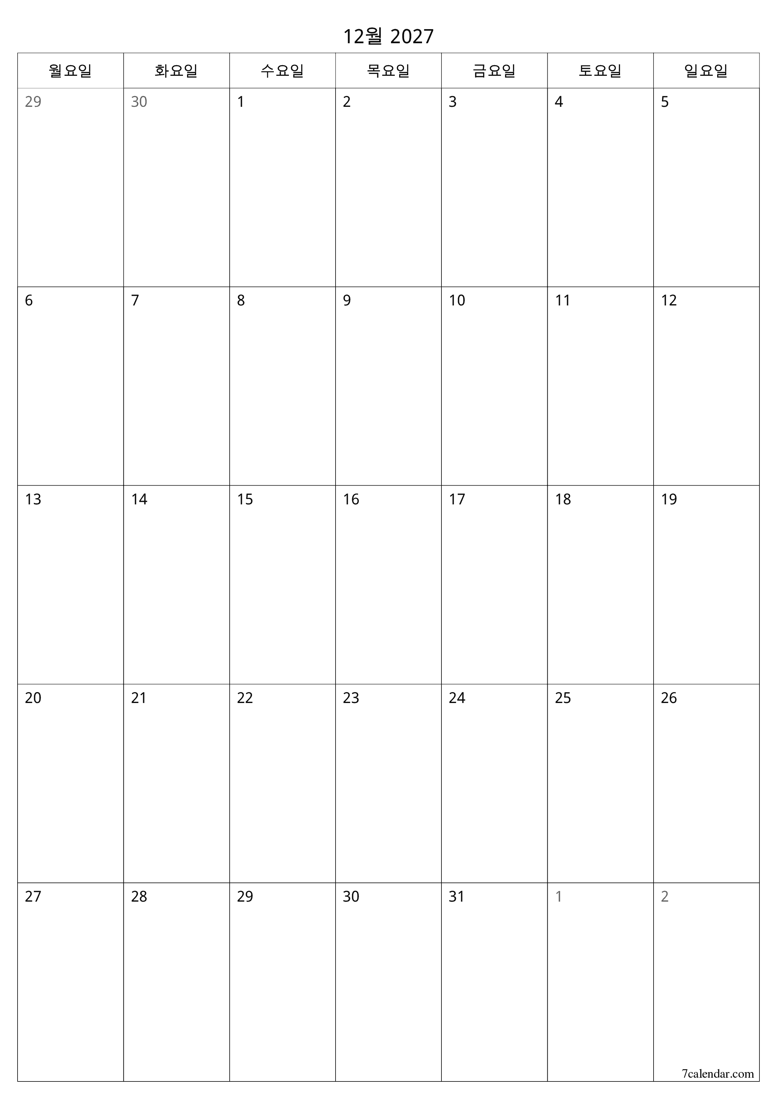 메모가있는 12월 2027 월의 월간 플래너 비우기, PDF PNG Korean-7calendar.com으로 저장 및 인쇄