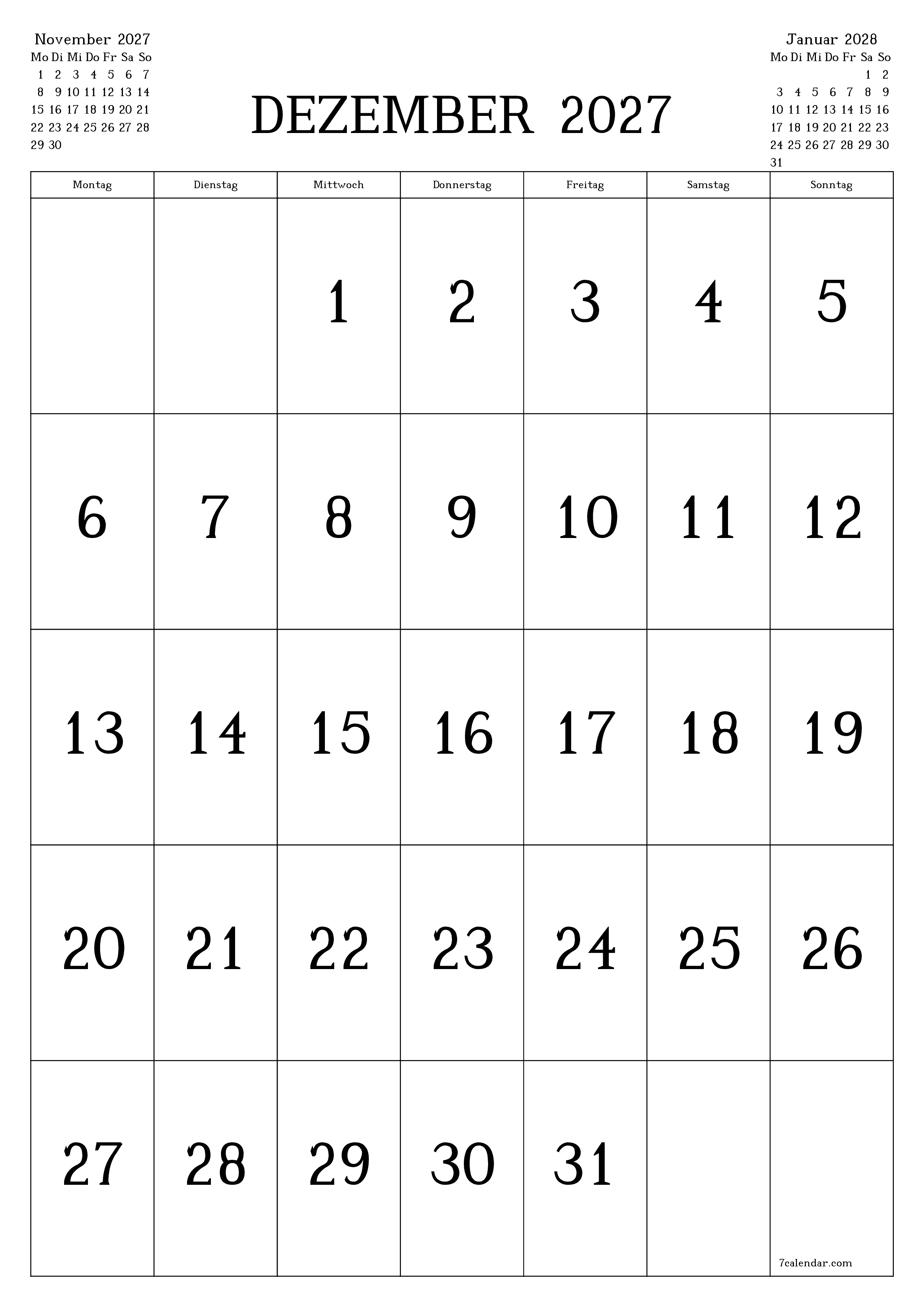 Monatsplaner für Monat Dezember 2027 mit Notizen leeren, speichern und als PDF PNG German - 7calendar.com drucken