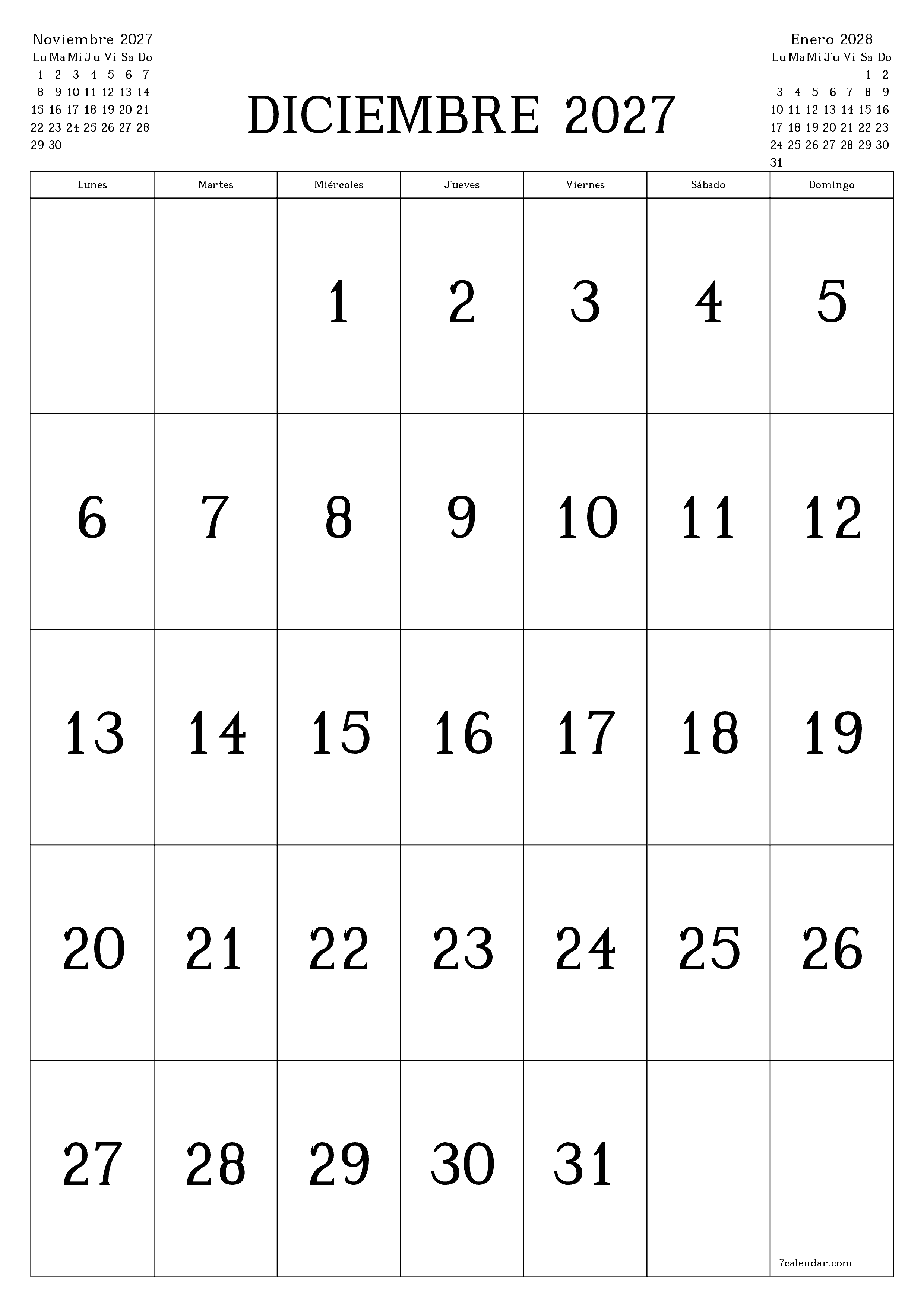 Planificador mensual vacío para el mes Diciembre 2027 con notas, guardar e imprimir en PDF PNG Spanish