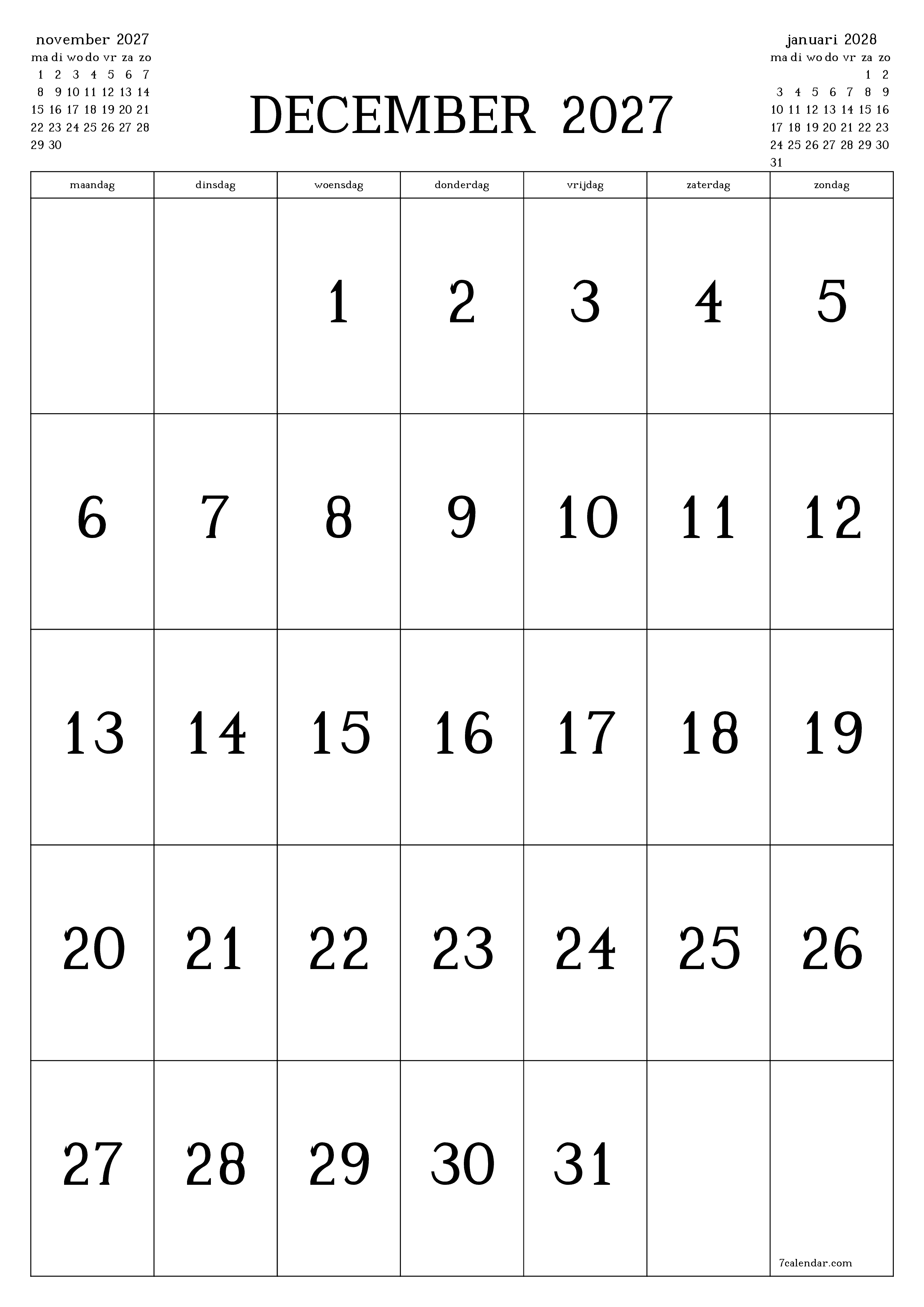 Lege maandplanner voor maand december 2027 met notities, opslaan en afdrukken naar pdf PNG Dutch