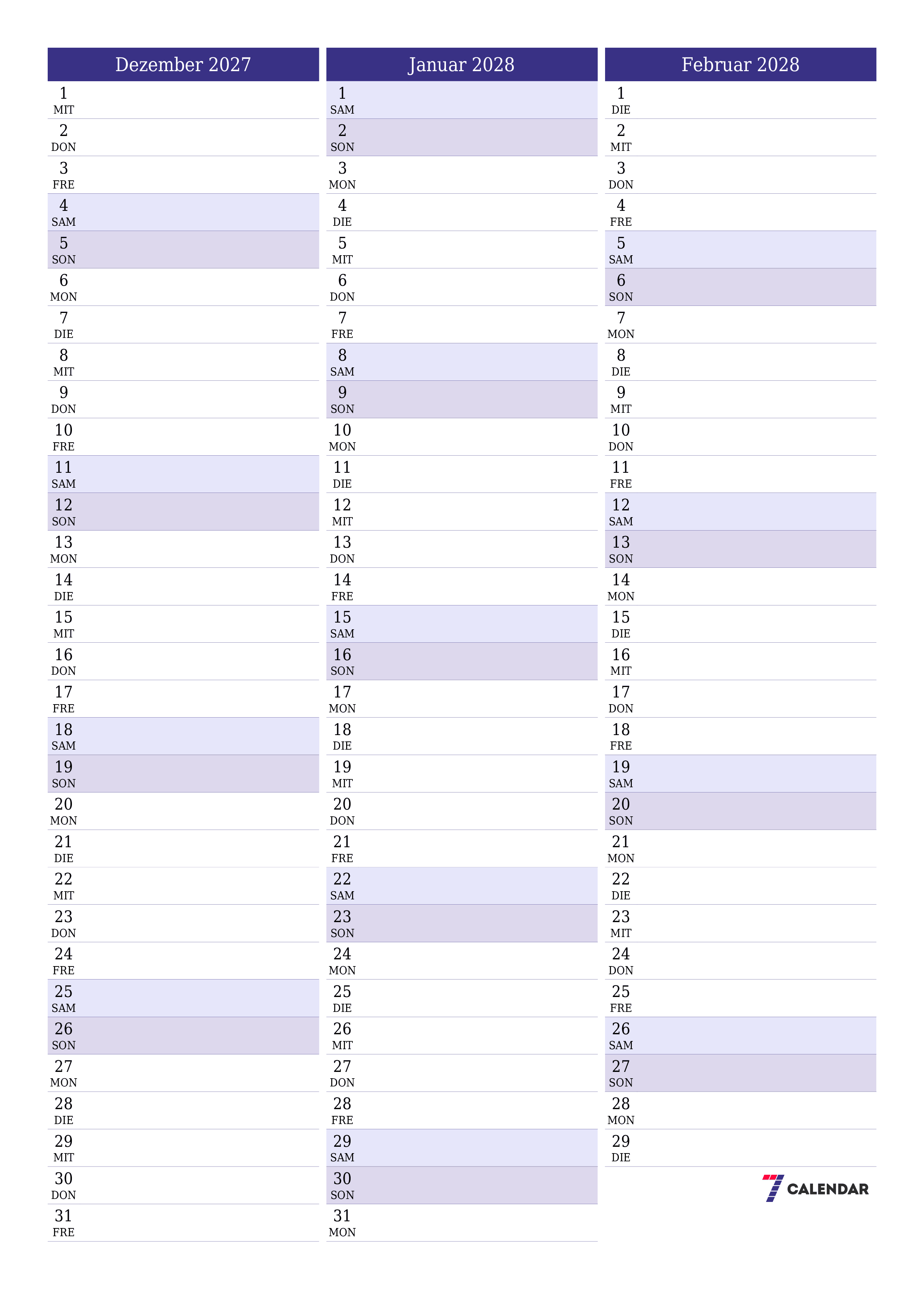 Monatsplaner für Monat Dezember 2027 mit Notizen leeren, speichern und als PDF PNG German - 7calendar.com drucken