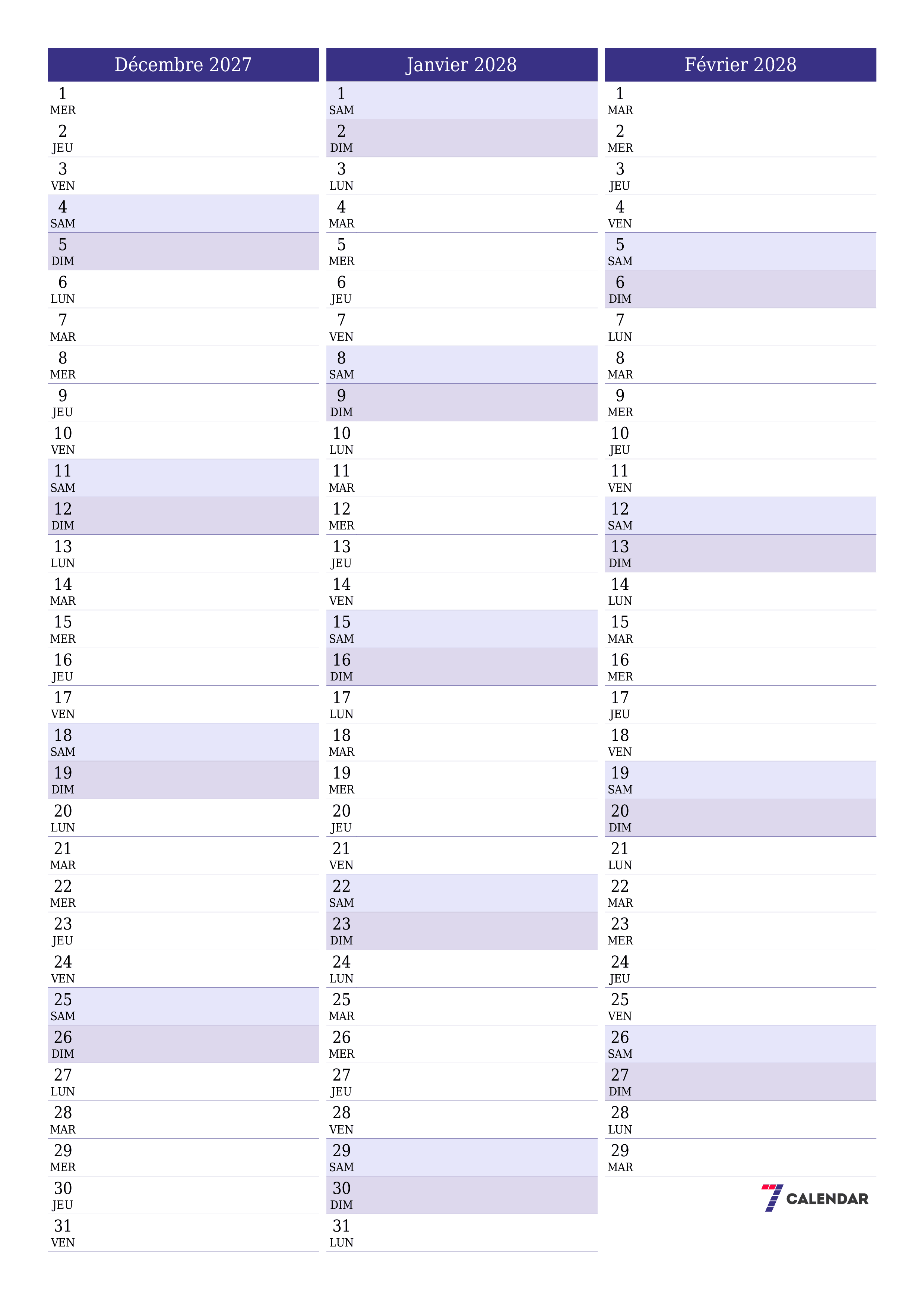 Agenda mensuel vide pour le mois Décembre 2027 avec notes, enregistrez et imprimez au format PDF PNG French