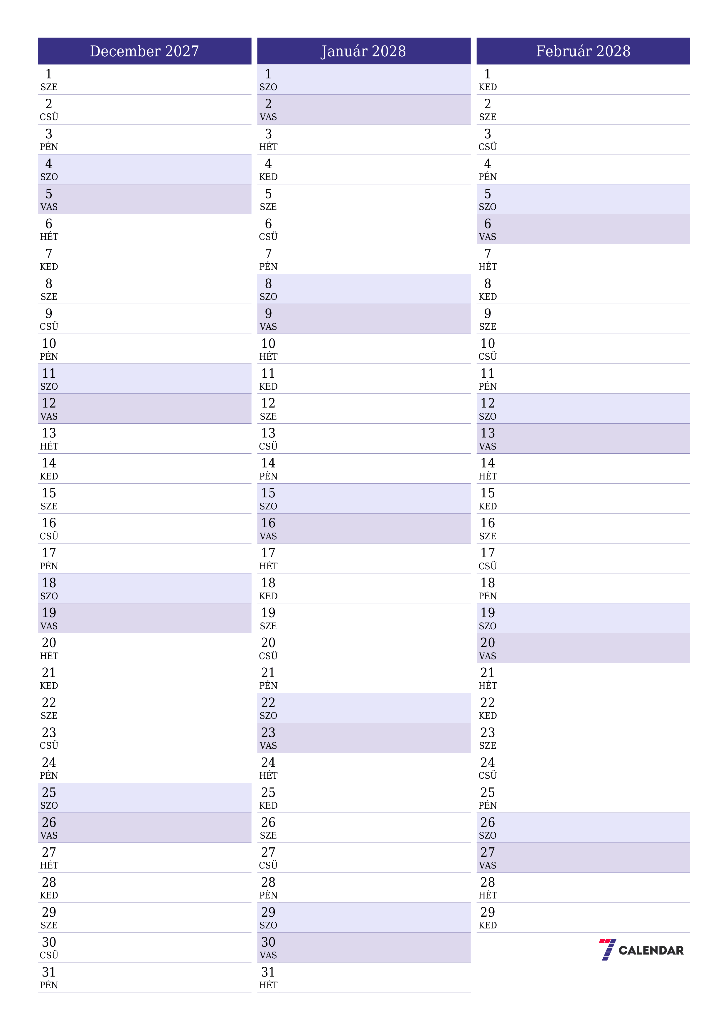 Üres havi tervező a December 2027 hónapra jegyzetekkel, mentés és nyomtatás PDF-be PNG Hungarian