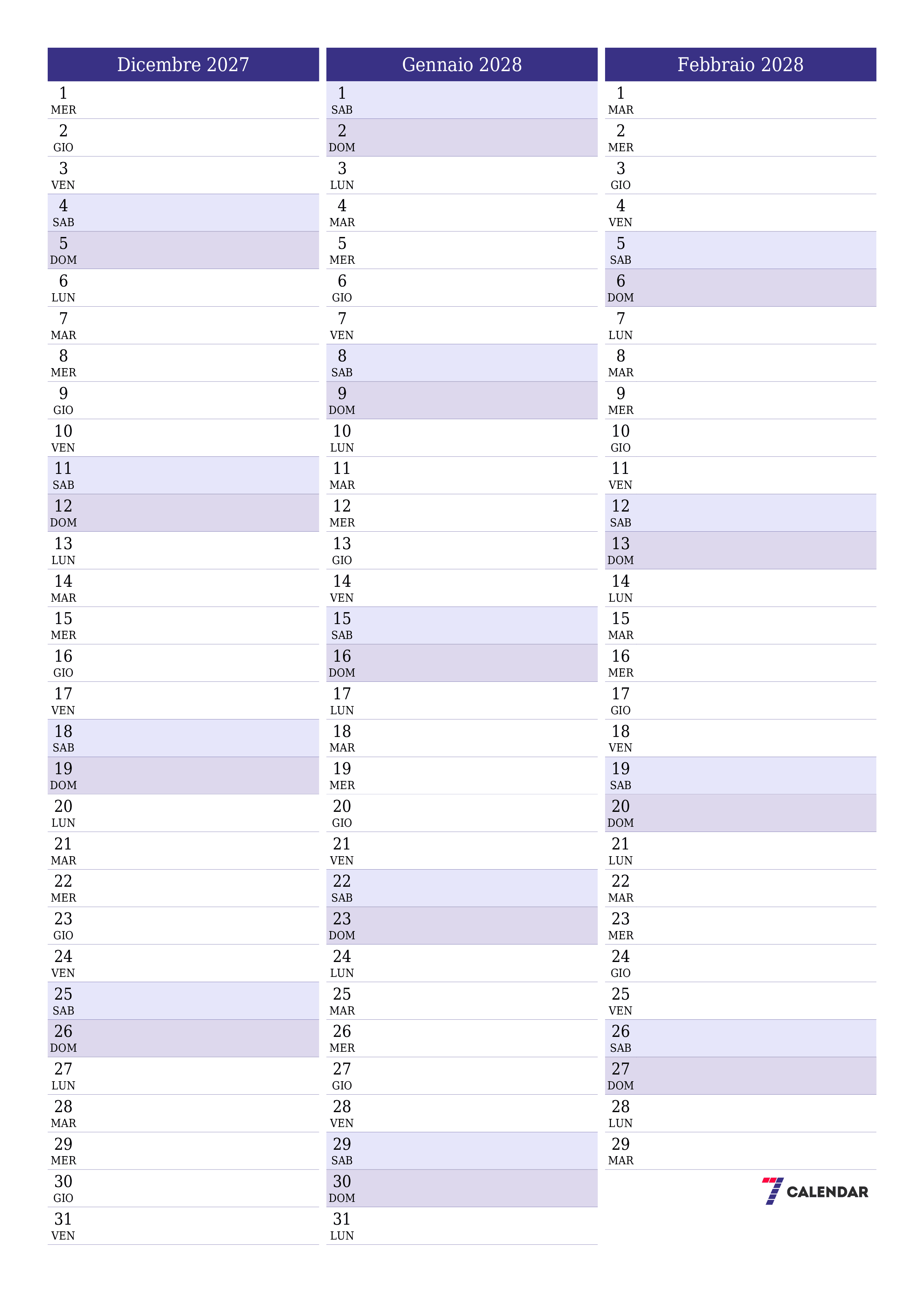 Pianificatore mensile vuoto per il mese Dicembre 2027 con note, salva e stampa in PDF PNG Italian