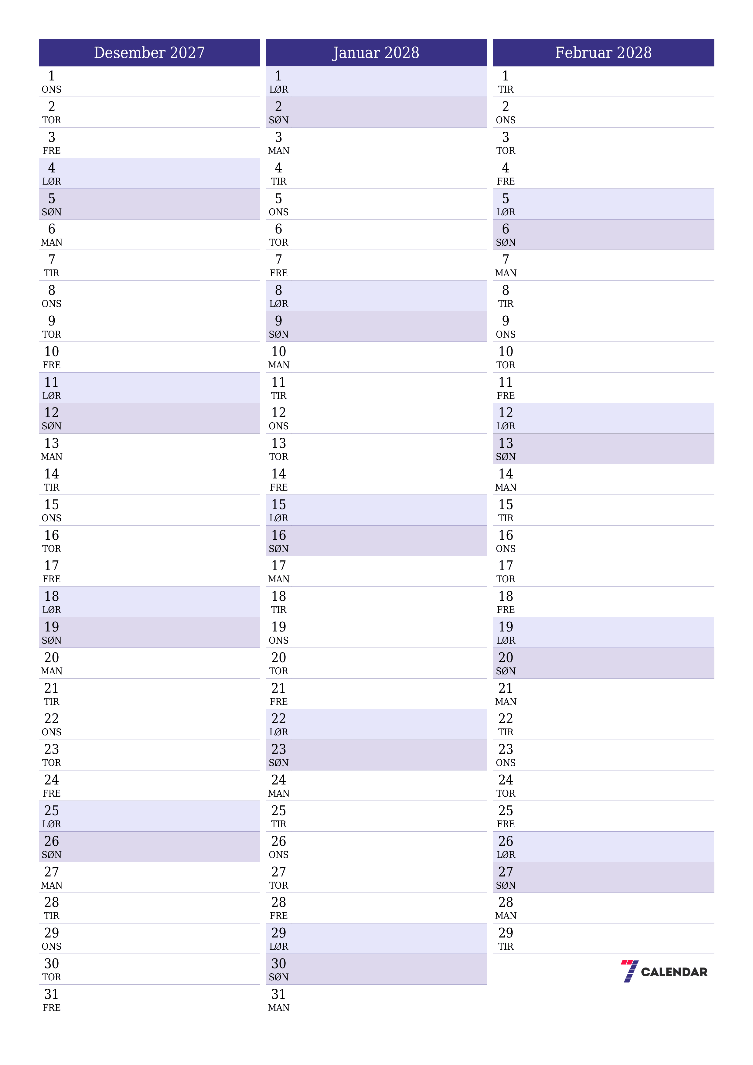 Tom månedlig planlegger for måned Desember 2027 med notater, lagre og skriv ut til PDF PNG Norwegian