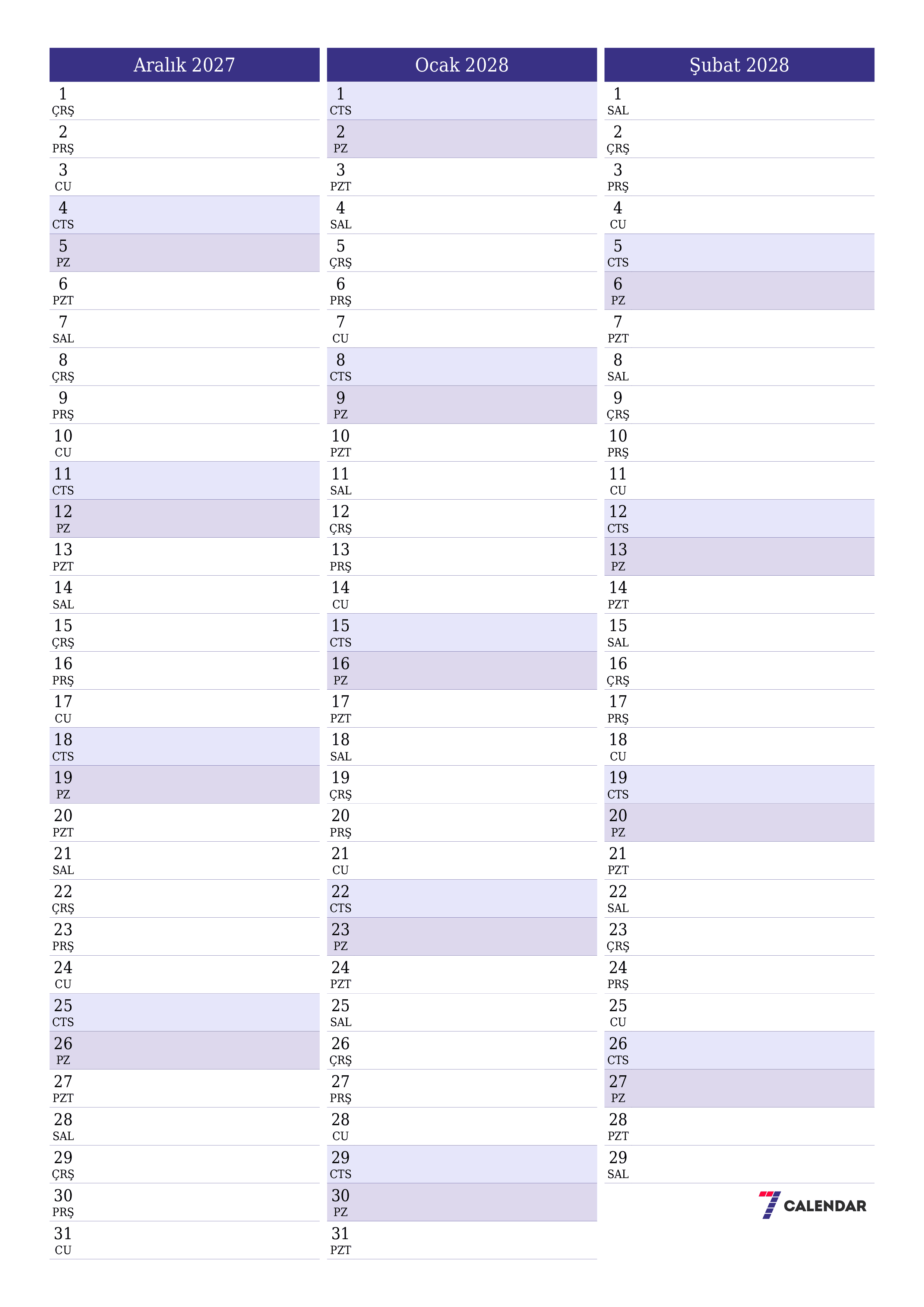 Aralık 2027 ayı için notlarla birlikte boş aylık planlayıcı, kaydedin ve PDF'ye yazdırın PNG Turkish