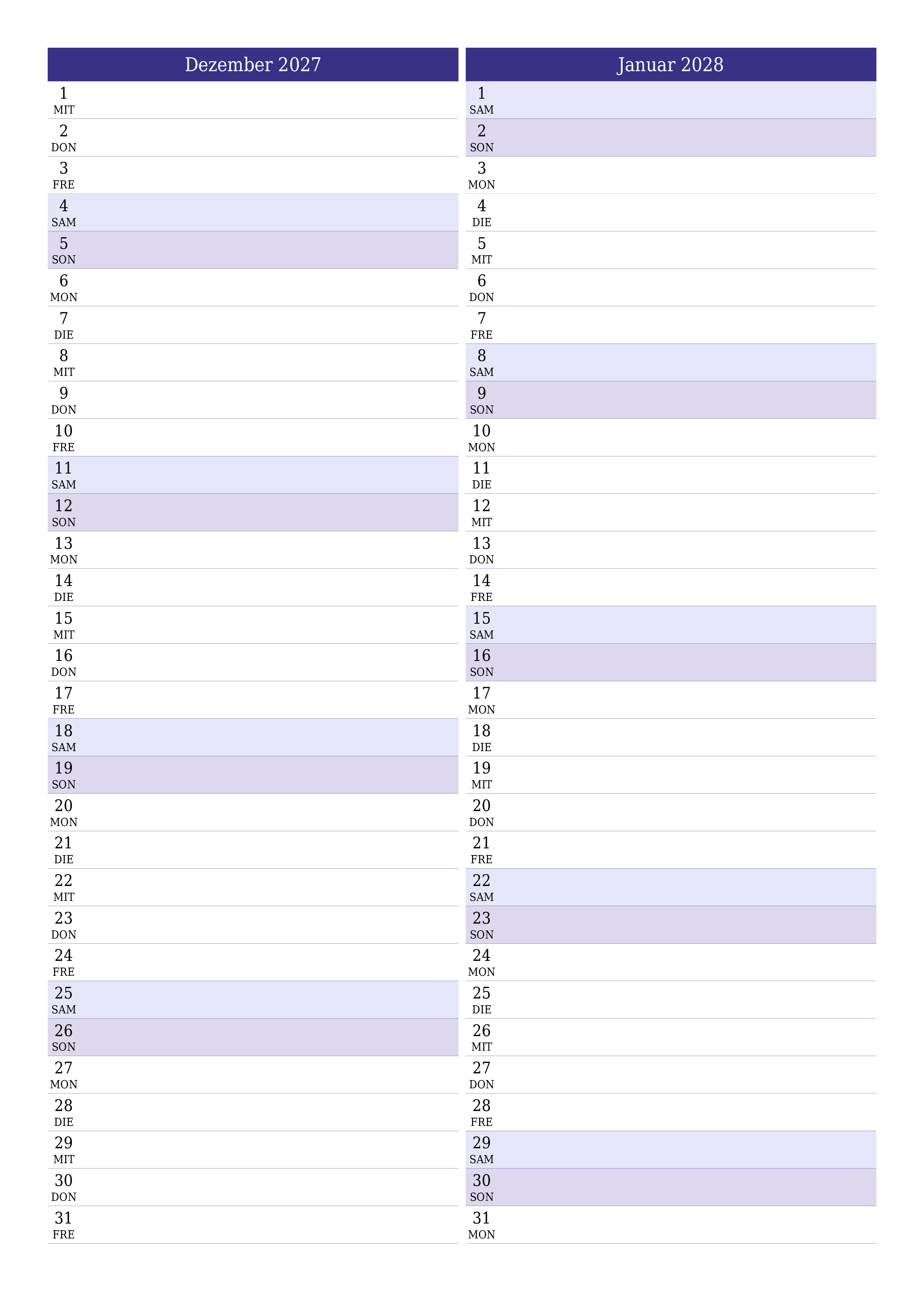 Monatsplaner für Monat Dezember 2027 mit Notizen leeren, speichern und als PDF PNG German - 7calendar.com drucken