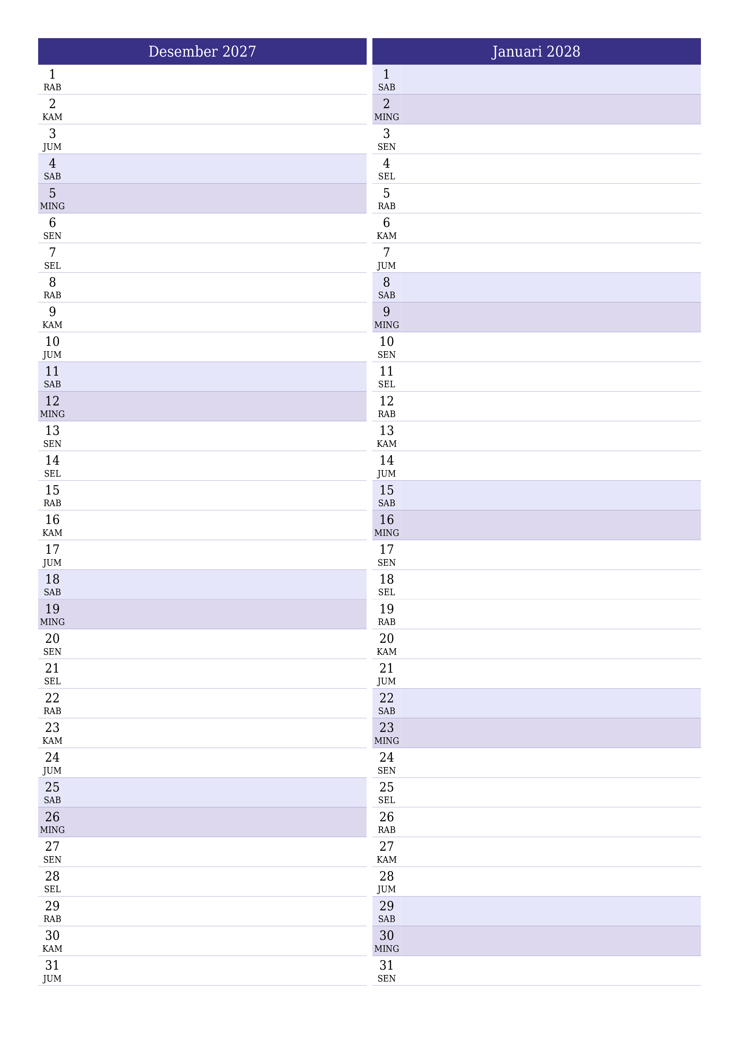 Kosongkan agenda bulanan untuk bulan Desember 2027 dengan catatan, simpan dan cetak ke PDF PNG Indonesian