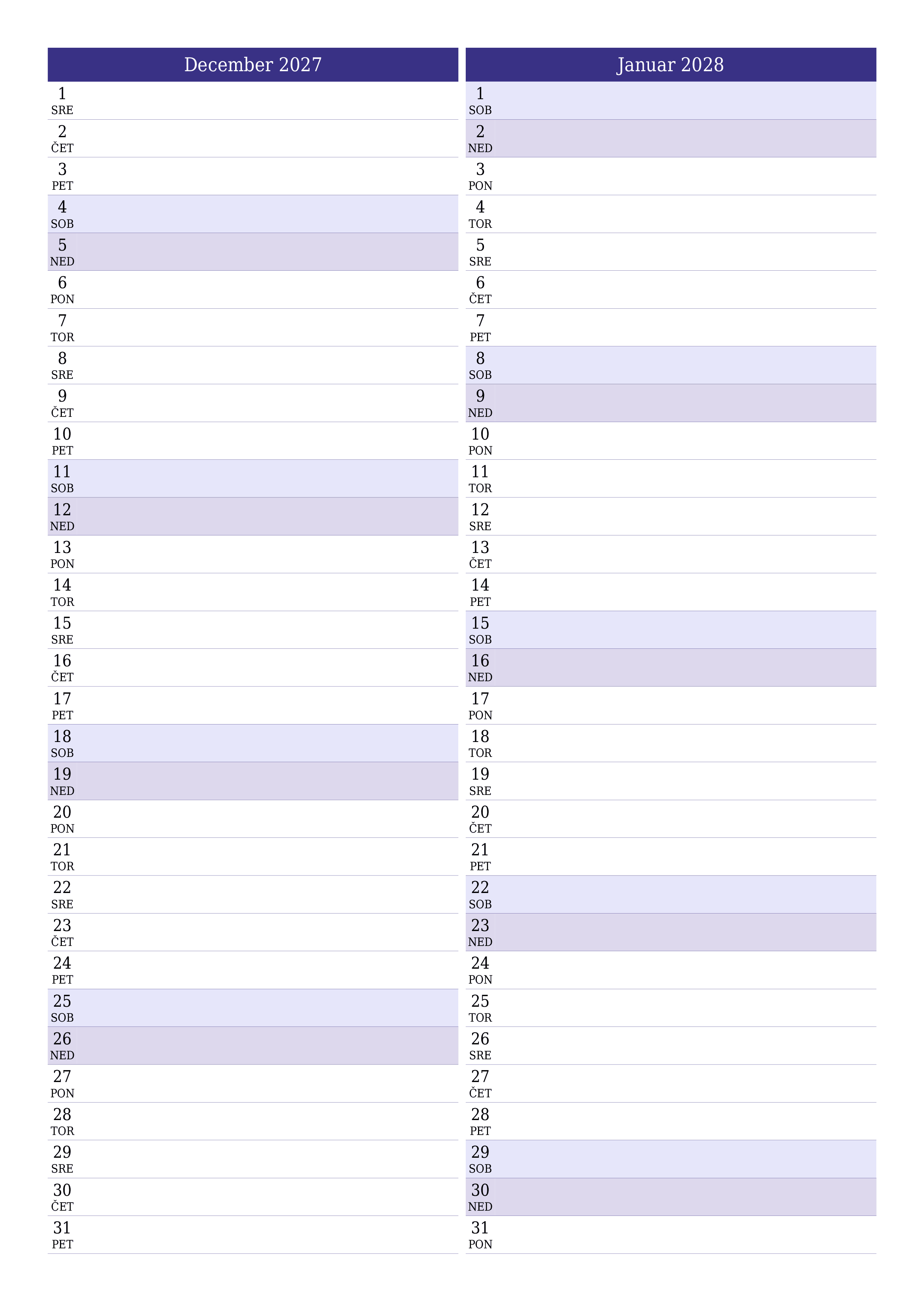 Prazen mesečni načrtovalec koledarja za mesec December 2027 z opombami, natisnjenimi v PDF PNG Slovenian