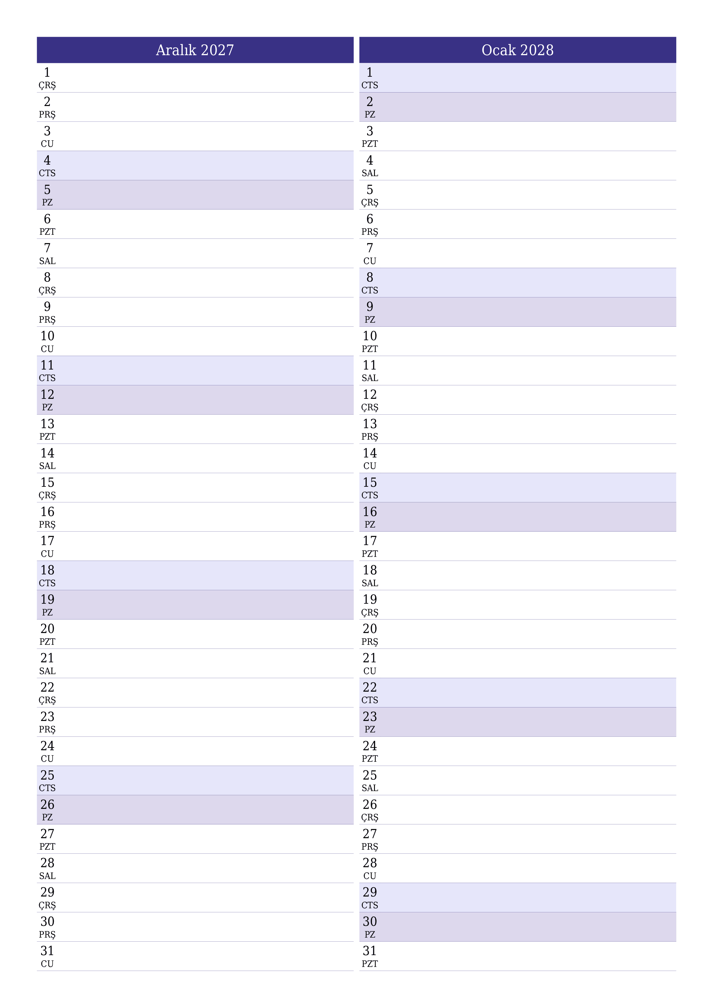 Aralık 2027 ayı için notlarla birlikte boş aylık planlayıcı, kaydedin ve PDF'ye yazdırın PNG Turkish