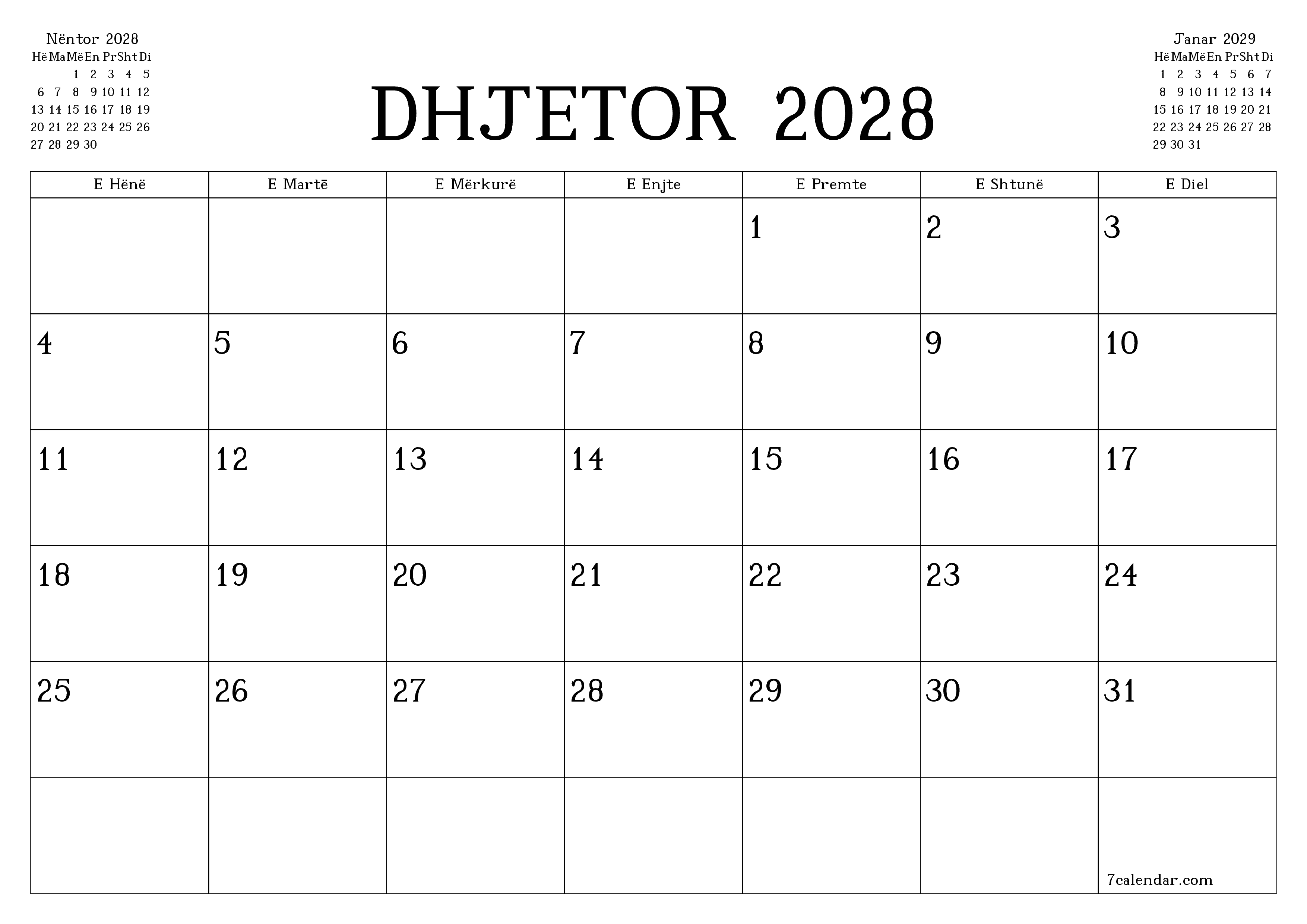 Planifikuesi i zbrazët i kalendarit mujor për muajin Dhjetor 2028 me shënime të ruajtura dhe të printuara në PDF PNG Albanian