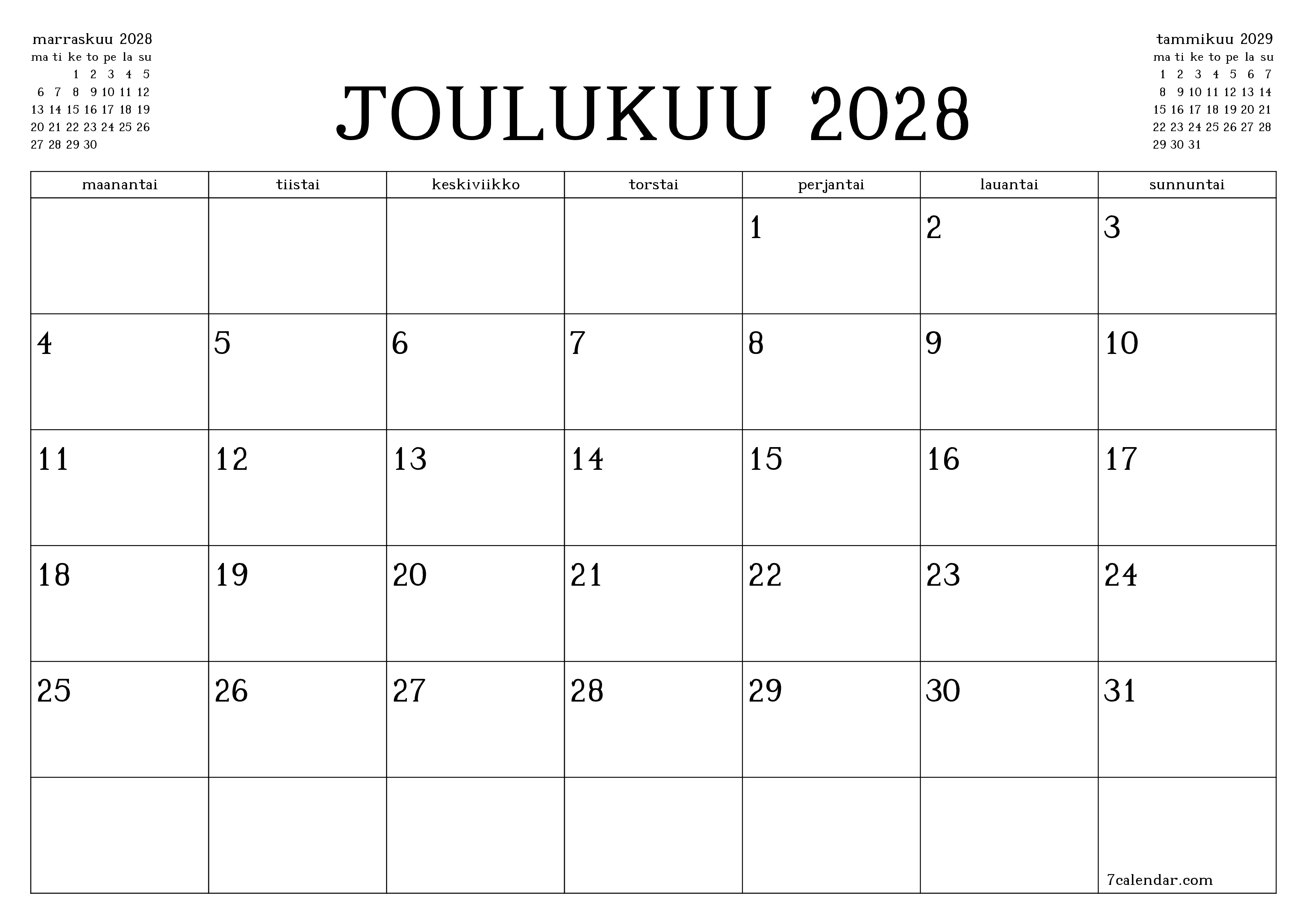 Tyhjennä kuukausittainen suunnittelija kuukaudelle Joulukuu 2028 muistiinpanoilla, tallenna ja tulosta PDF-muotoon PNG Finnish