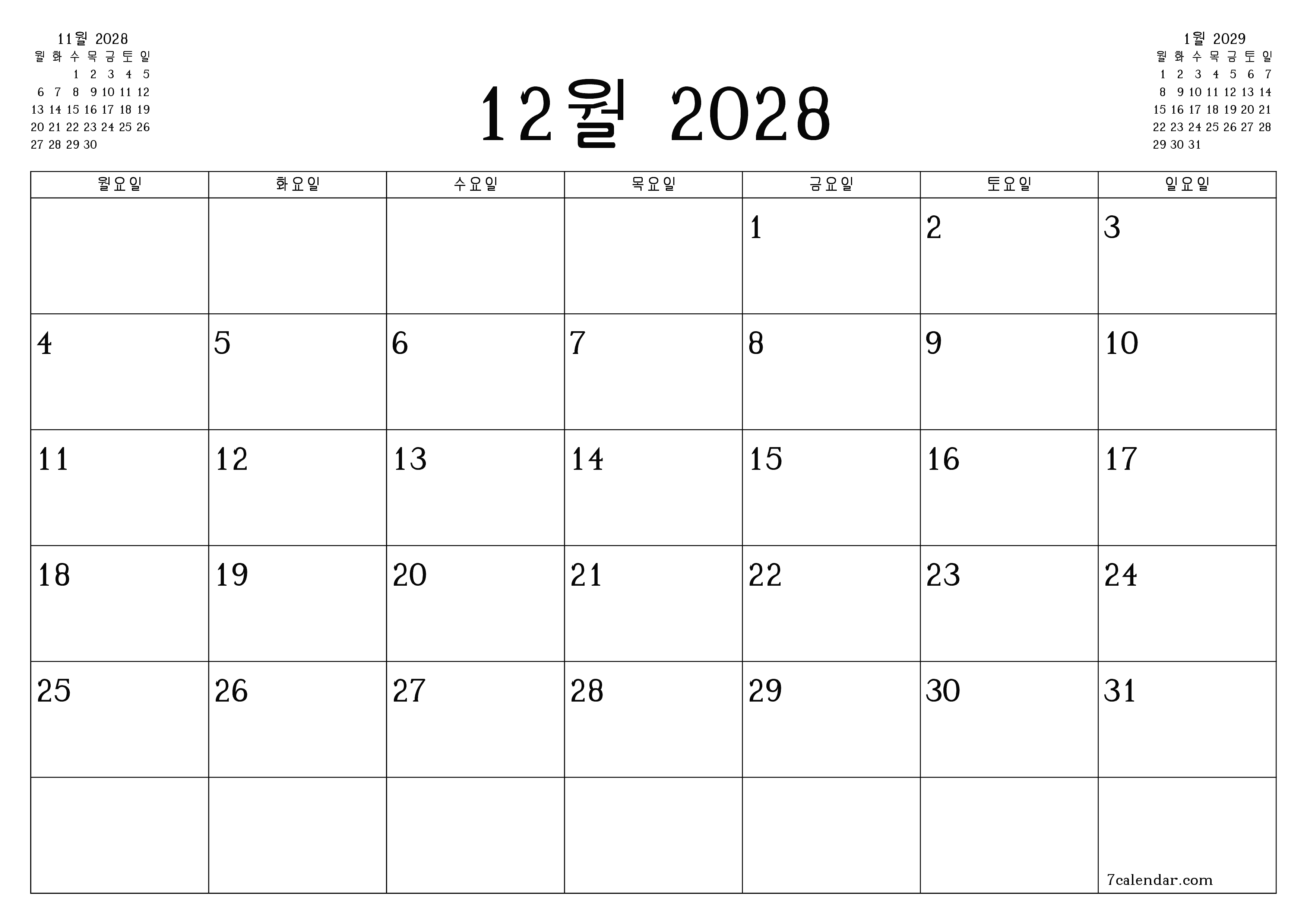 메모가있는 12월 2028 월의 월간 플래너 비우기, PDF PNG Korean-7calendar.com으로 저장 및 인쇄