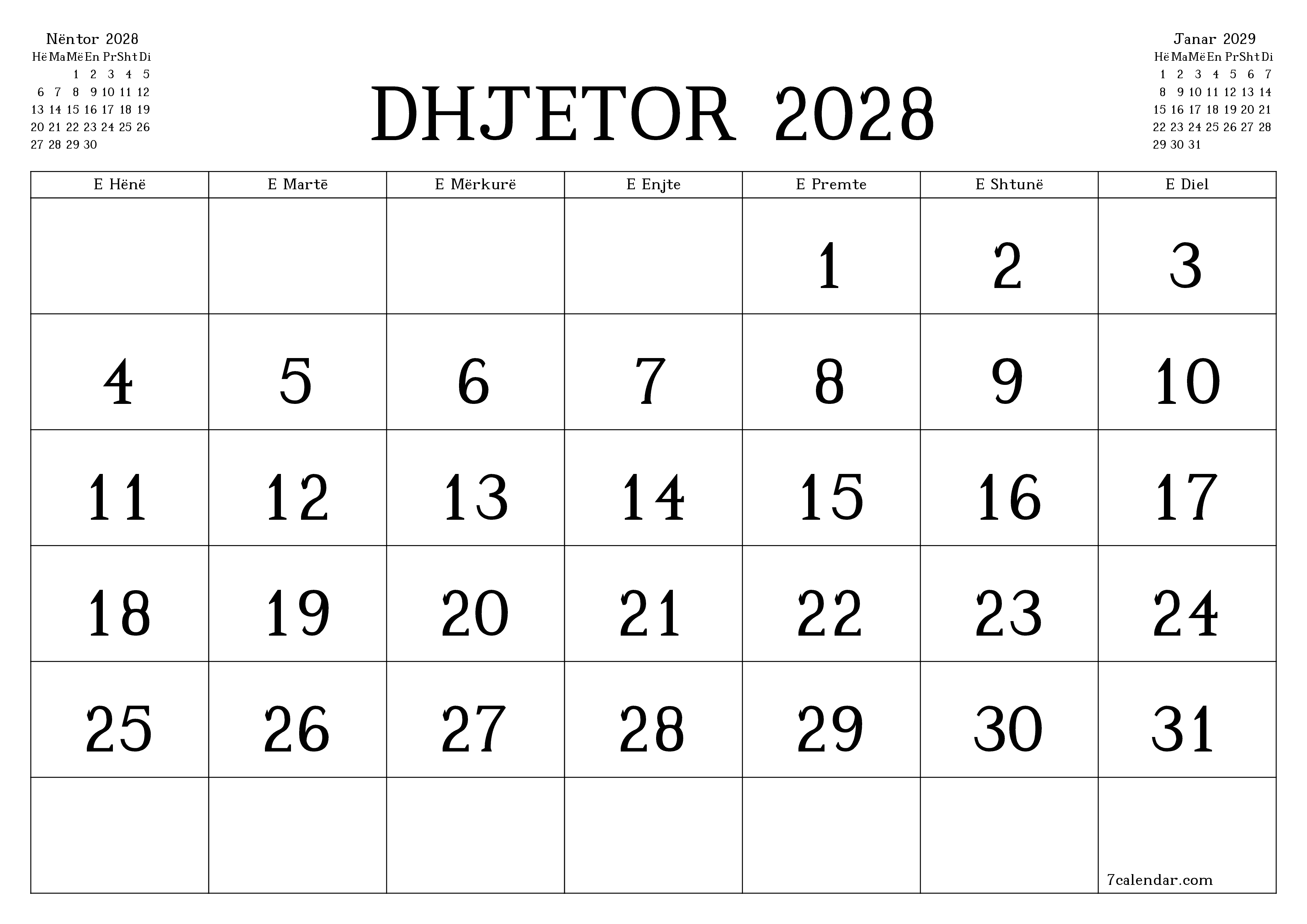 Planifikuesi i zbrazët i kalendarit mujor për muajin Dhjetor 2028 me shënime të ruajtura dhe të printuara në PDF PNG Albanian
