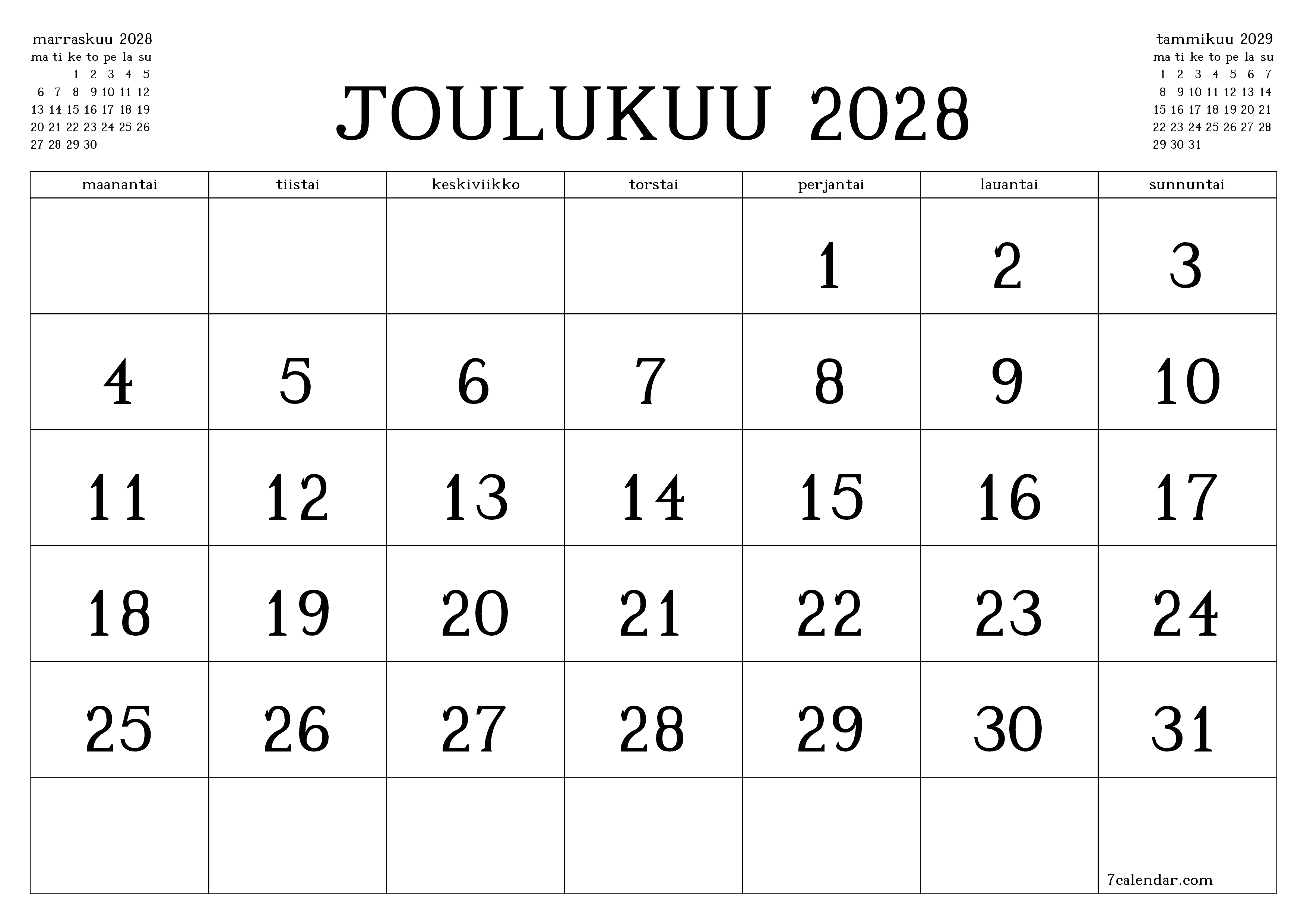 Tyhjennä kuukausittainen suunnittelija kuukaudelle Joulukuu 2028 muistiinpanoilla, tallenna ja tulosta PDF-muotoon PNG Finnish