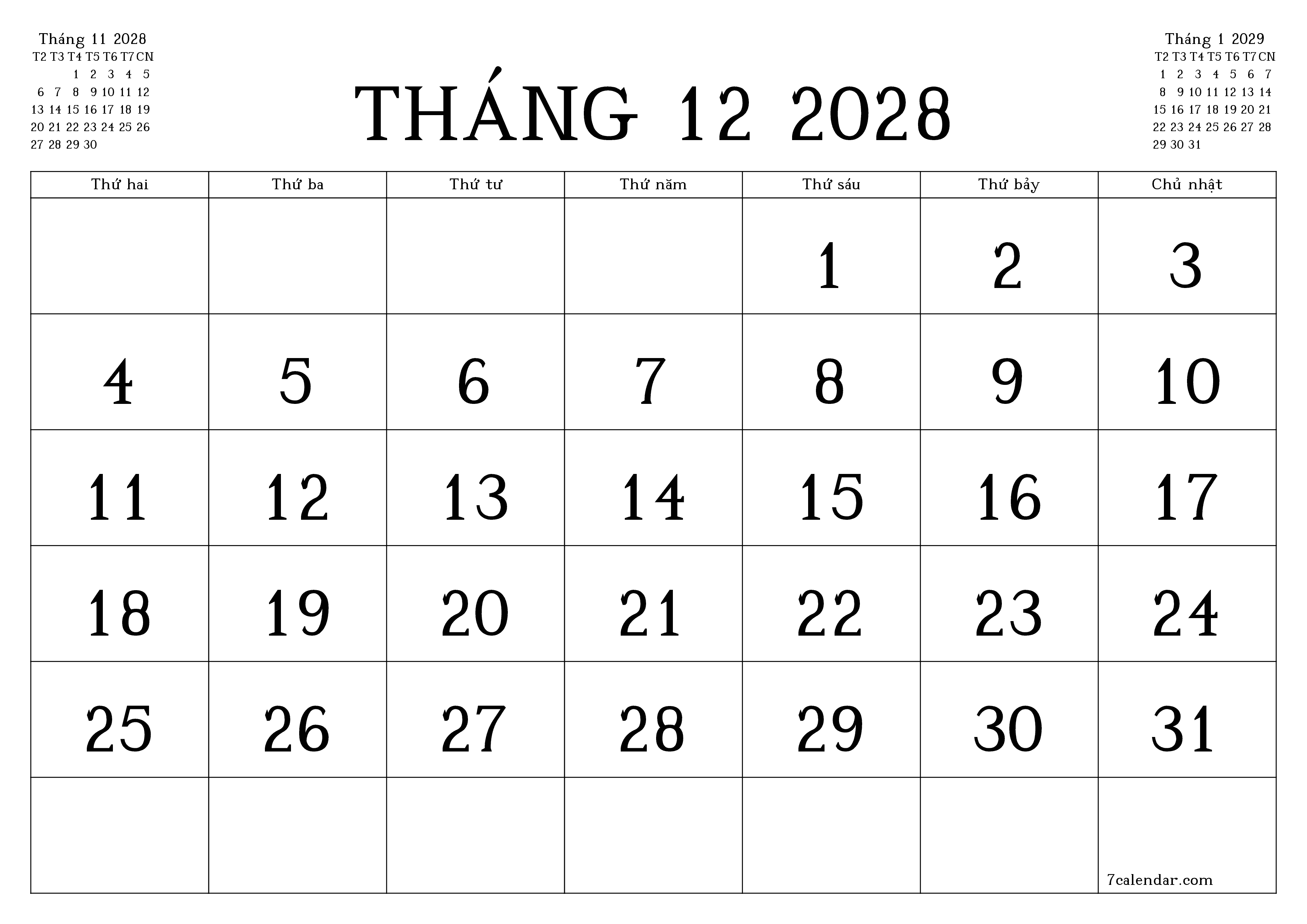 Công cụ lập kế hoạch hàng tháng trống cho tháng Tháng 12 2028 có ghi chú, lưu và in sang PDF PNG Vietnamese