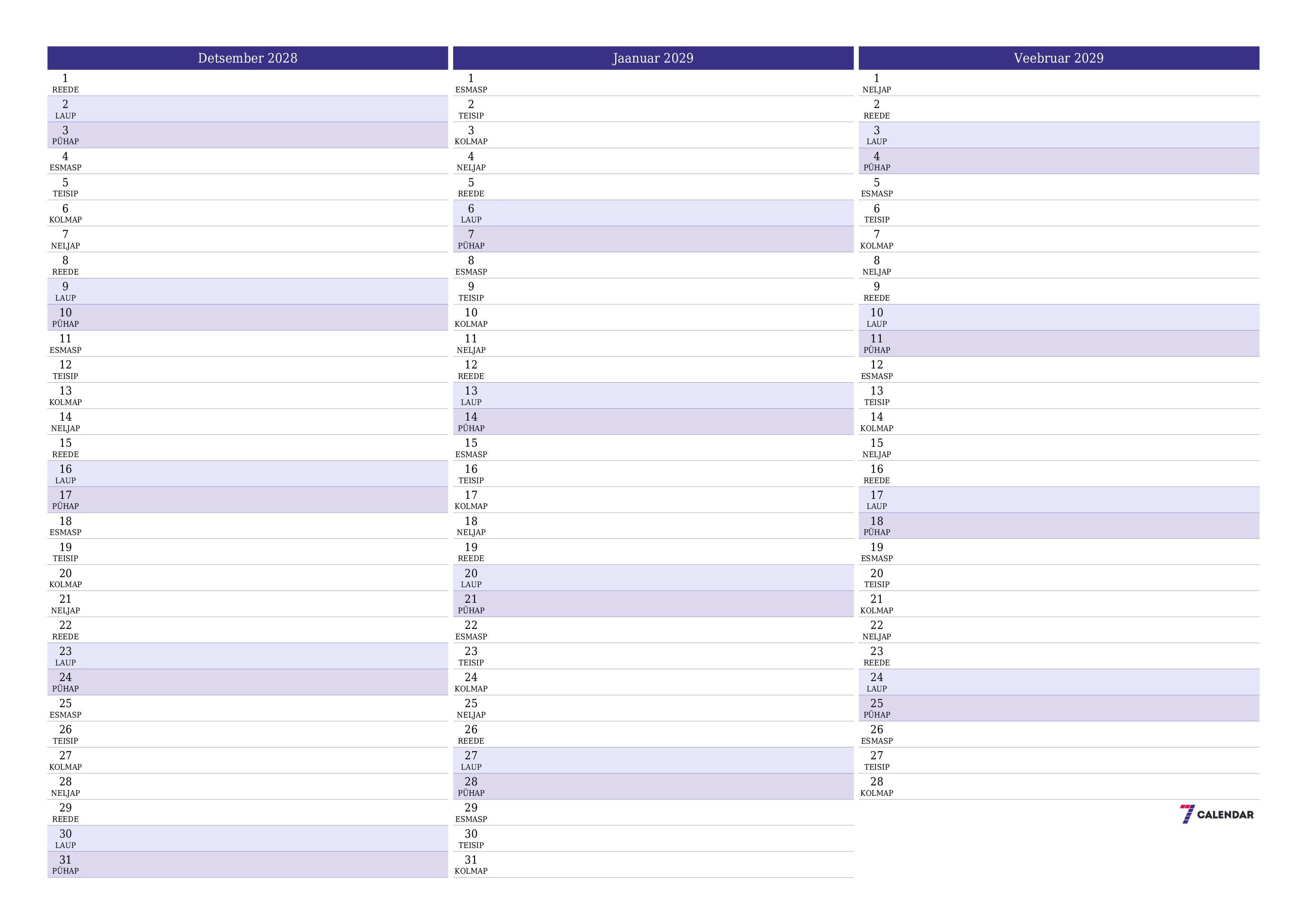 Tühjendage kuu Detsember 2028 kuuplaneerija märkmetega, salvestage ja printige PDF-i PNG Estonian