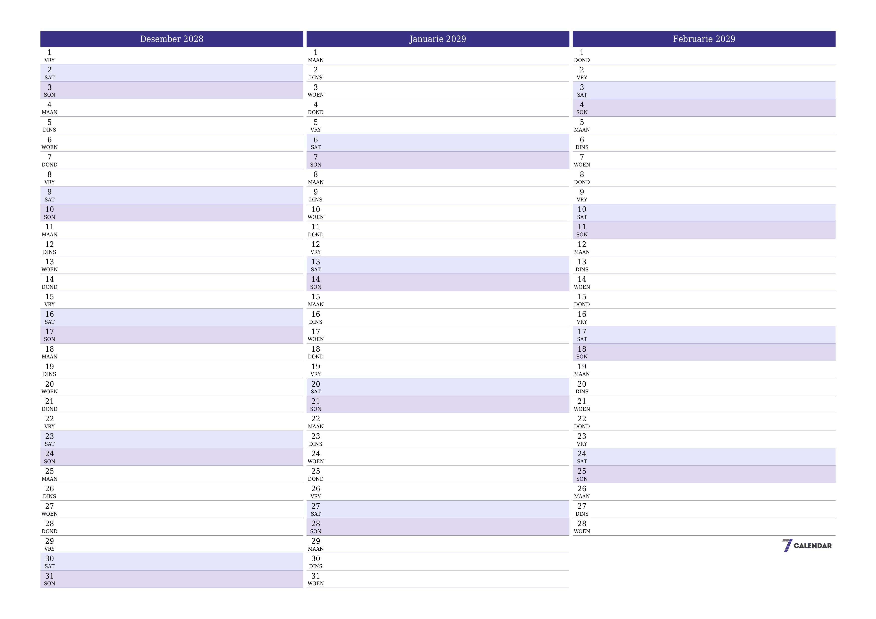 Leë maandelikse drukbare kalender en beplanner vir maand Desember 2028 met notas stoor en druk na PDF PNG Afrikaans