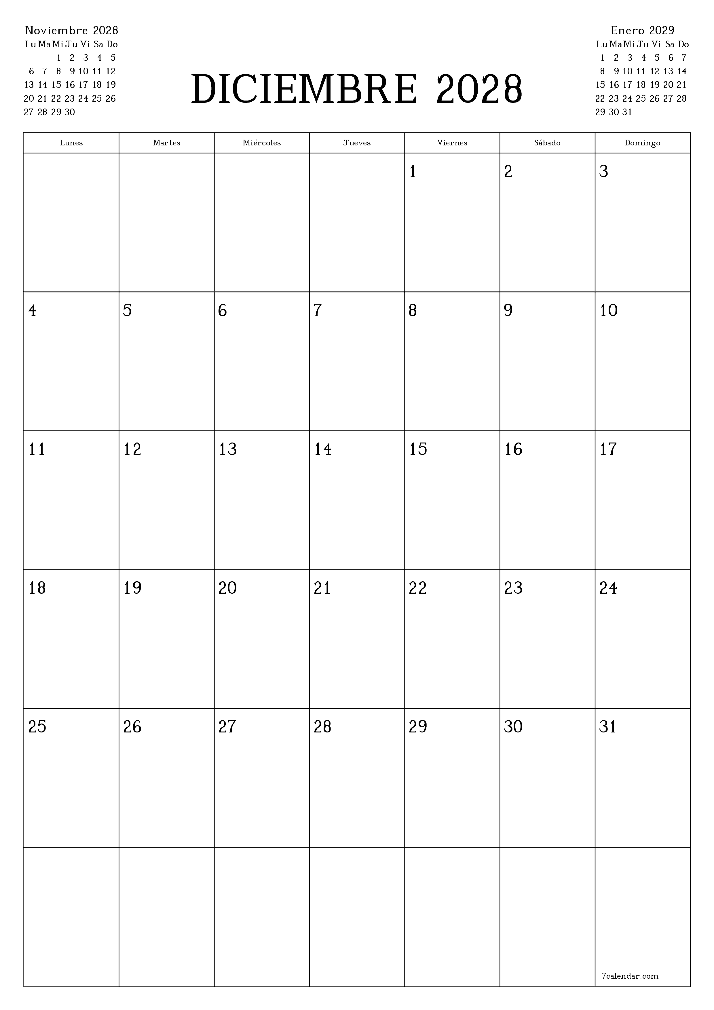 Planificador mensual vacío para el mes Diciembre 2028 con notas, guardar e imprimir en PDF PNG Spanish