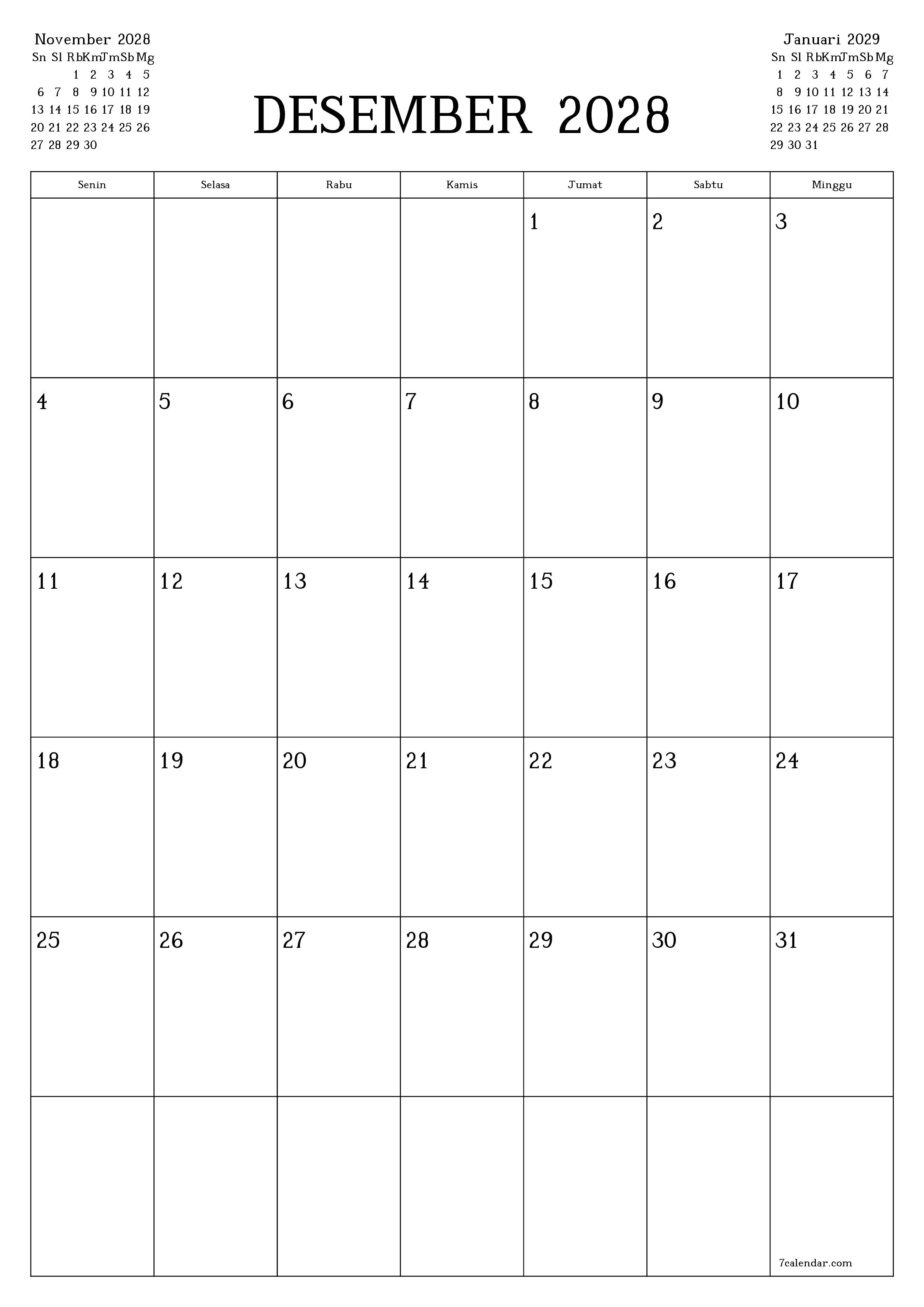 Kosongkan agenda bulanan untuk bulan Desember 2028 dengan catatan, simpan dan cetak ke PDF PNG Indonesian